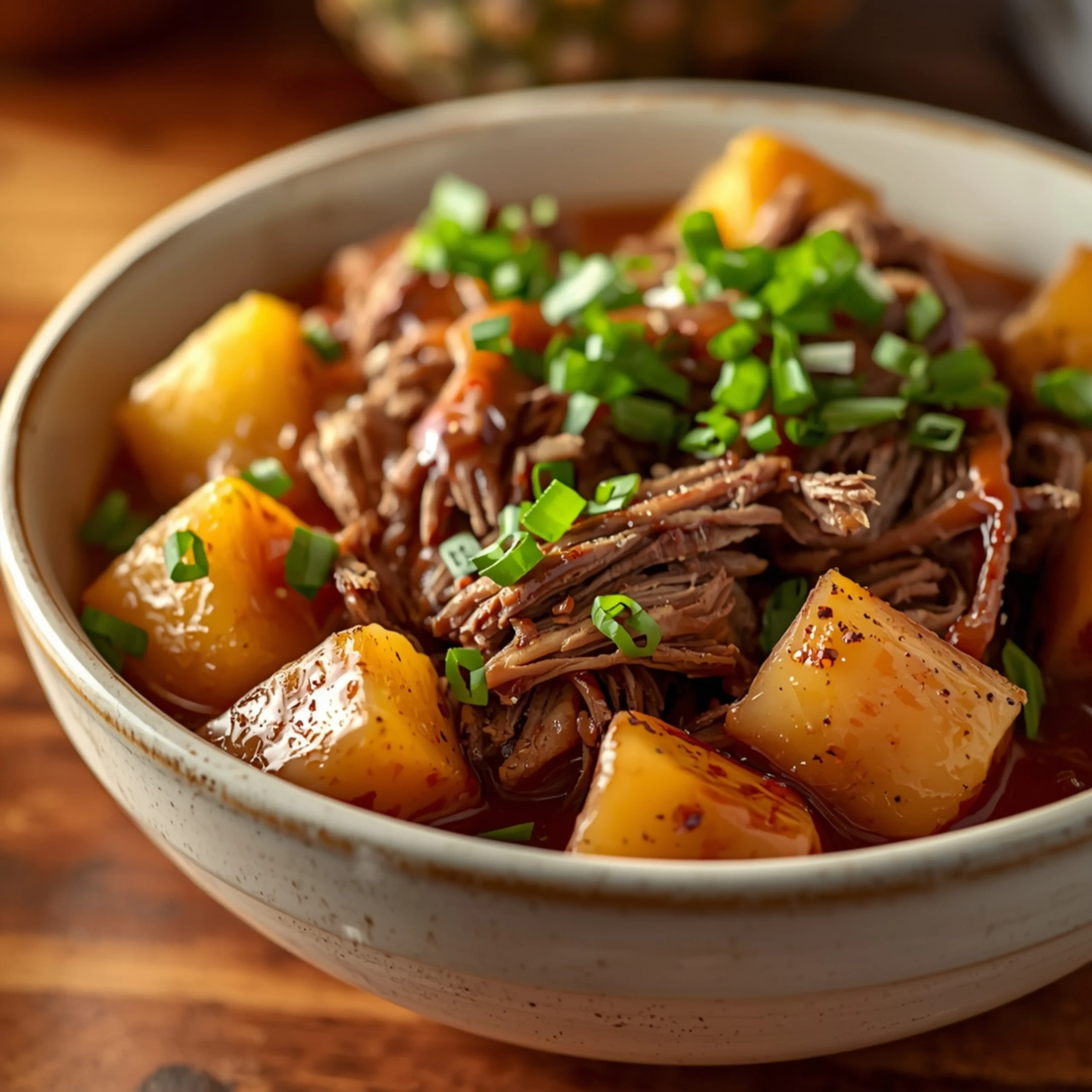 Close-up of Crockpot Chipotle Pineapple Pot Roast Bowls cooked in a Crockpot with fresh herbs and glossy sauce