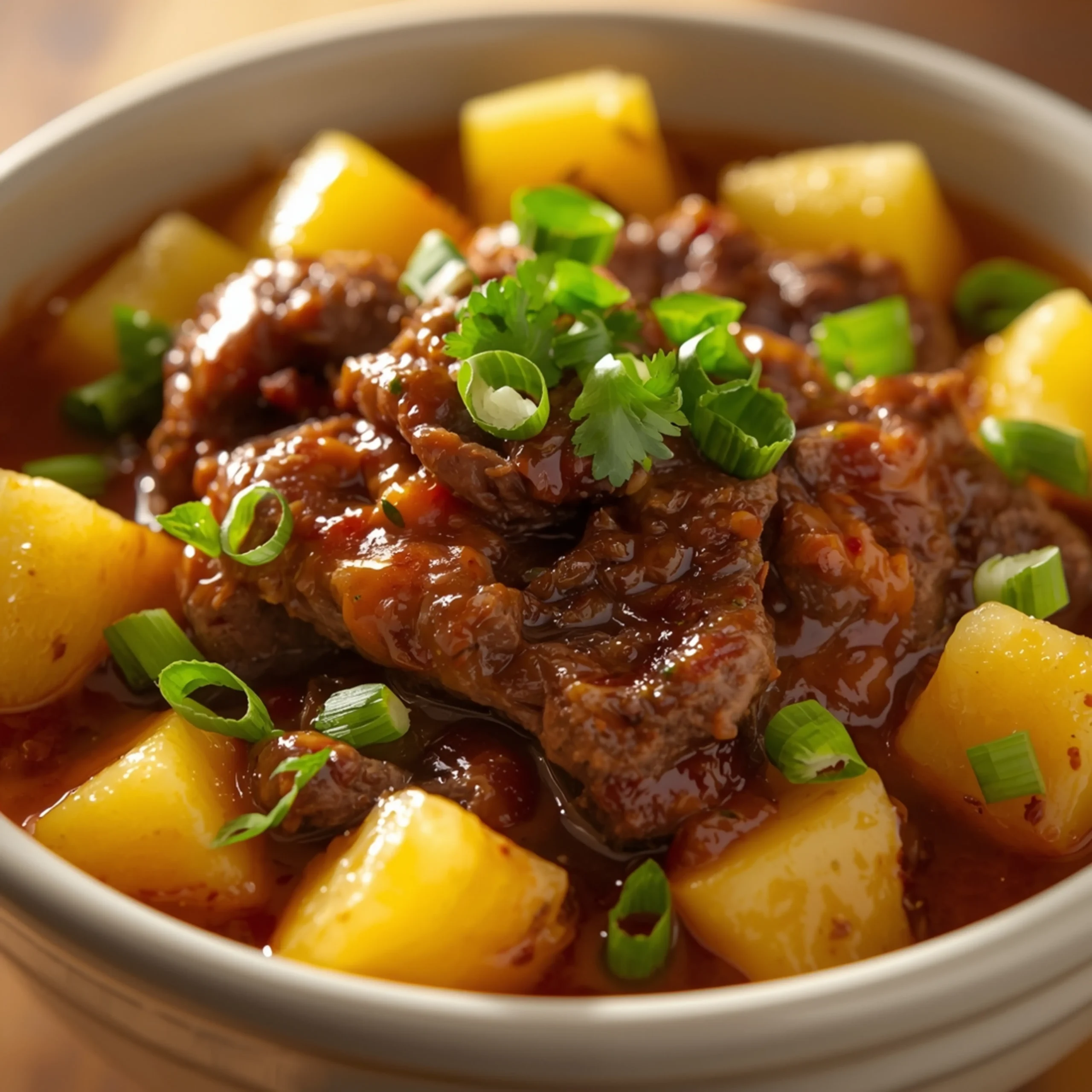 Close-up of Crockpot Chipotle Pineapple Pot Roast Bowls cooked in a Crockpot with fresh herbs and glossy sauce