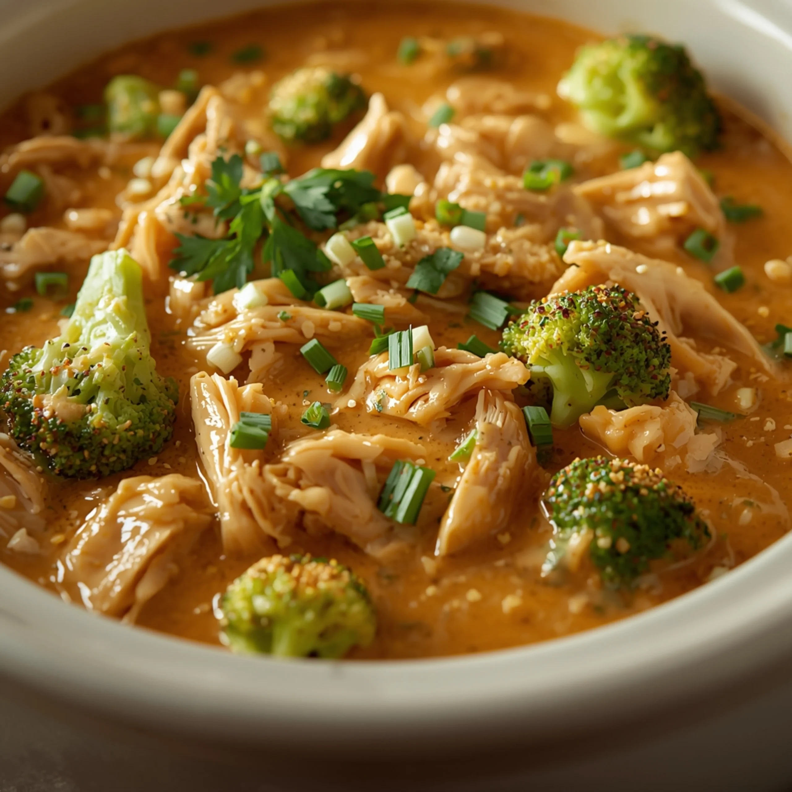 Close-up of Crockpot Creamy Broccoli Cheddar Chicken. cooked in a Crockpot with fresh herbs and glossy sauce