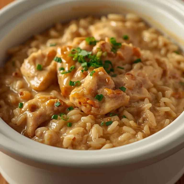Close-up of Crockpot Creamy Chicken & Rice cooked in a Crockpot with fresh herbs and glossy sauce