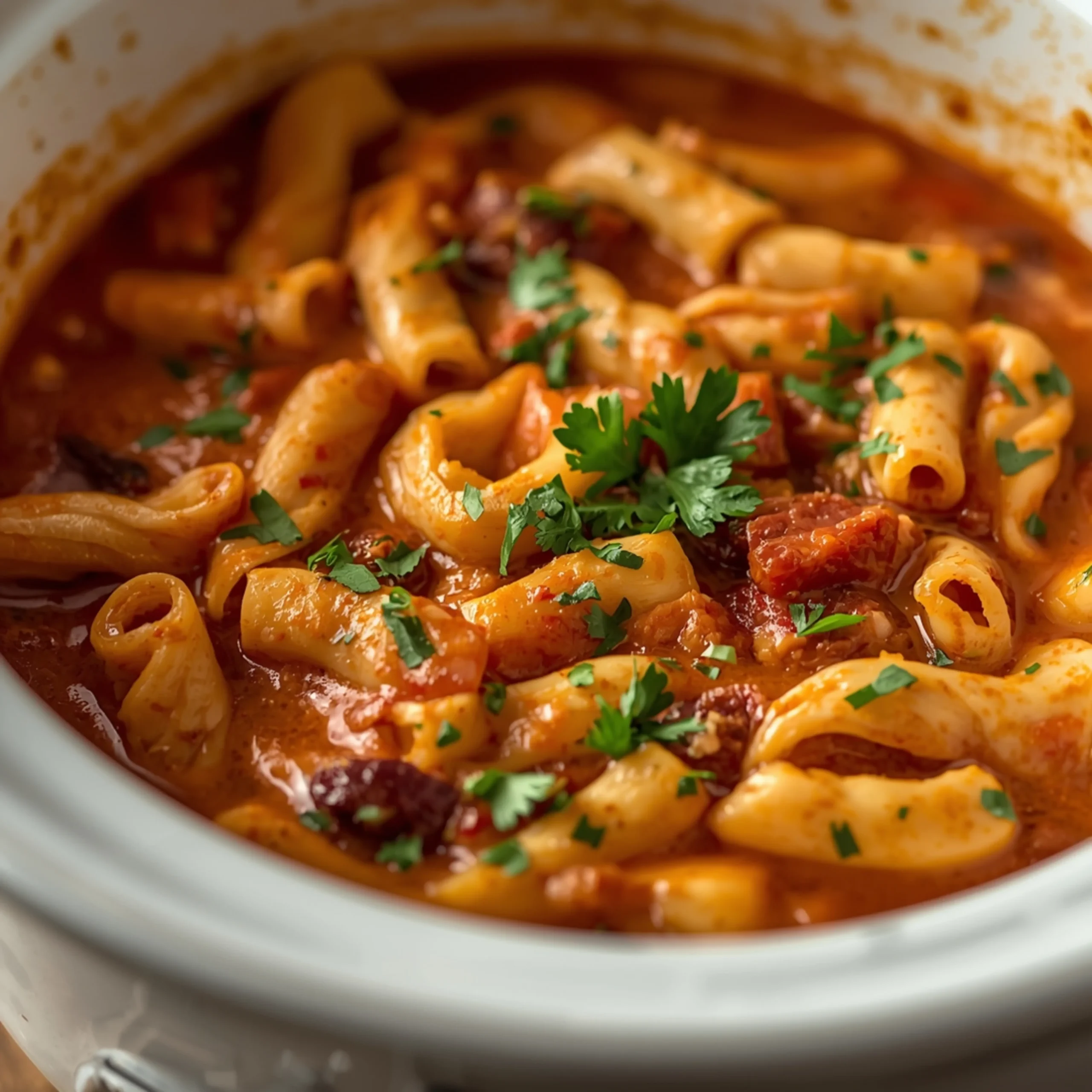 Close-up of Crockpot Creamy Sun-Dried Tomato Lasagna Soup cooked in a Crockpot with fresh herbs and glossy sauce