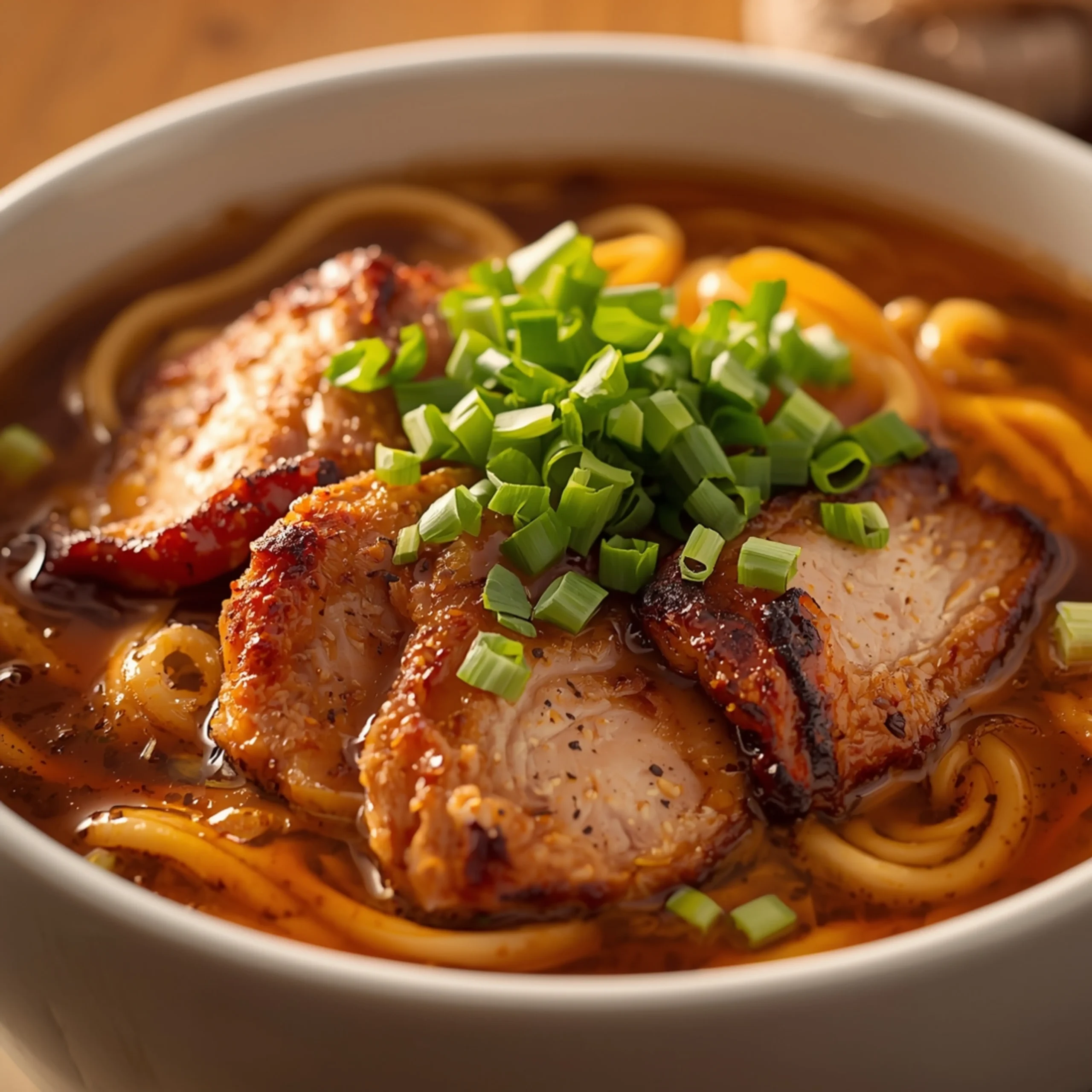 Close-up of Crockpot Crispy Pork Ramen cooked in a Crockpot with fresh herbs and glossy sauce
