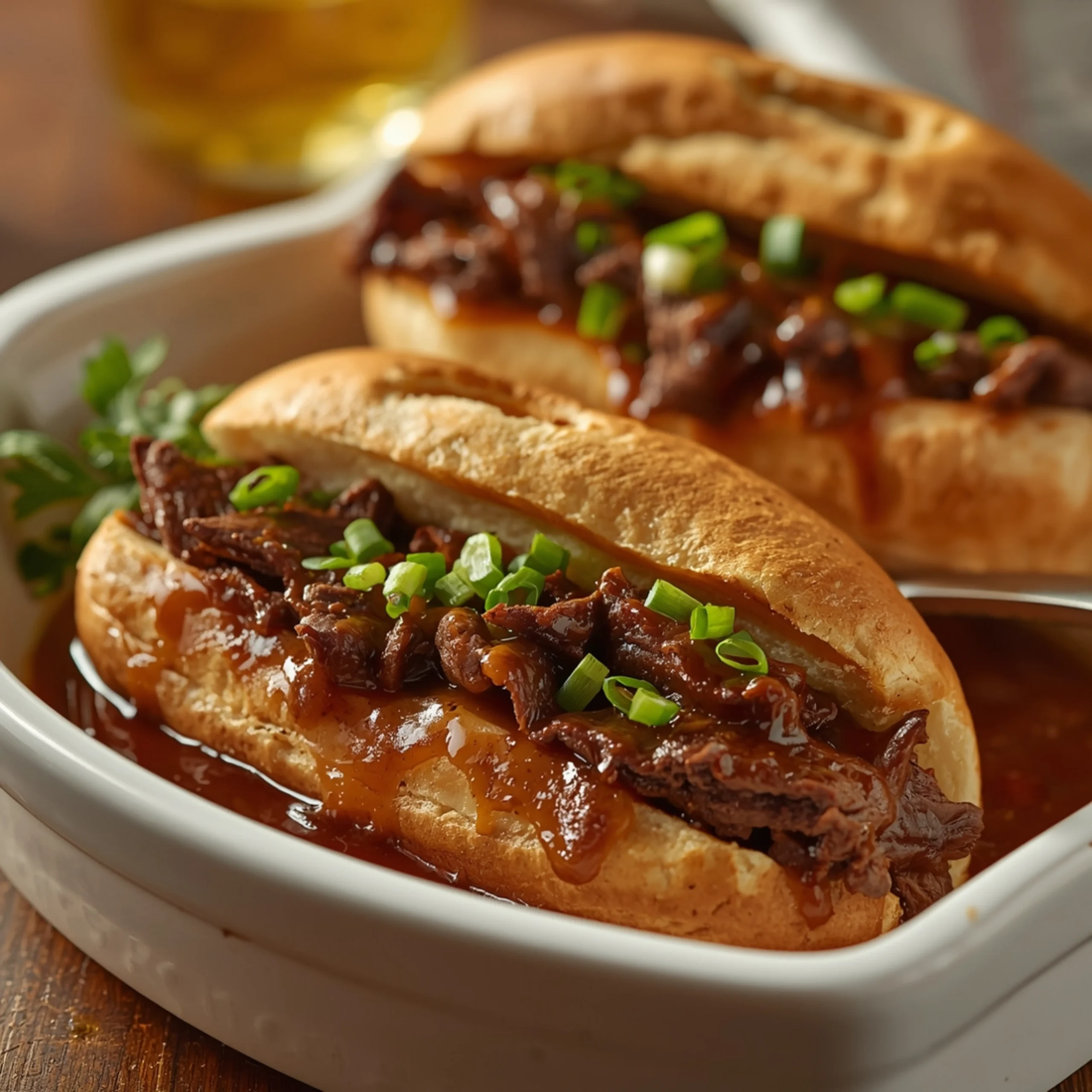Close-up of Crockpot French Dip Sandwiches cooked in a Crockpot with fresh herbs and glossy sauce
