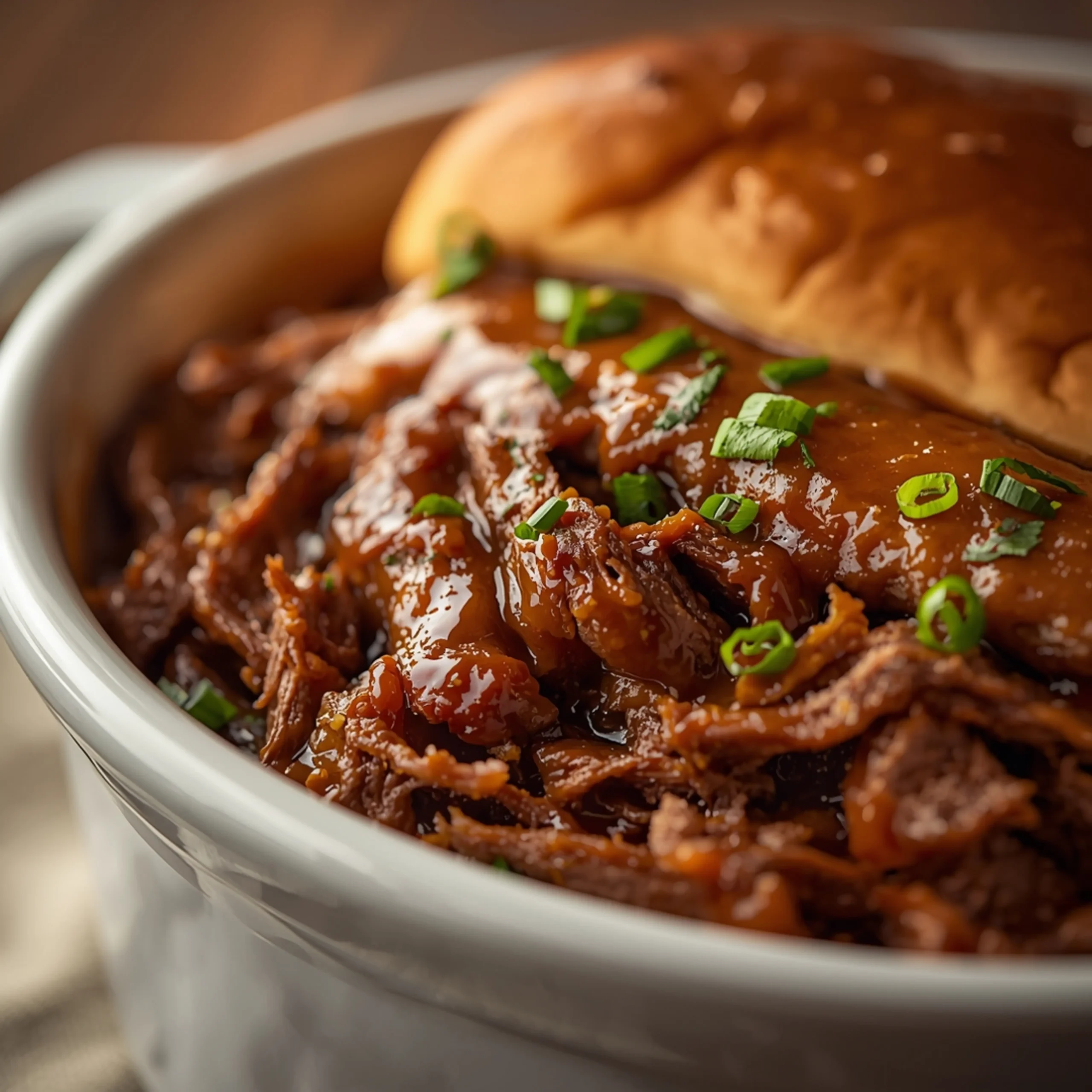 Close-up of Crockpot French Dip Sandwiches cooked in a Crockpot with fresh herbs and glossy sauce