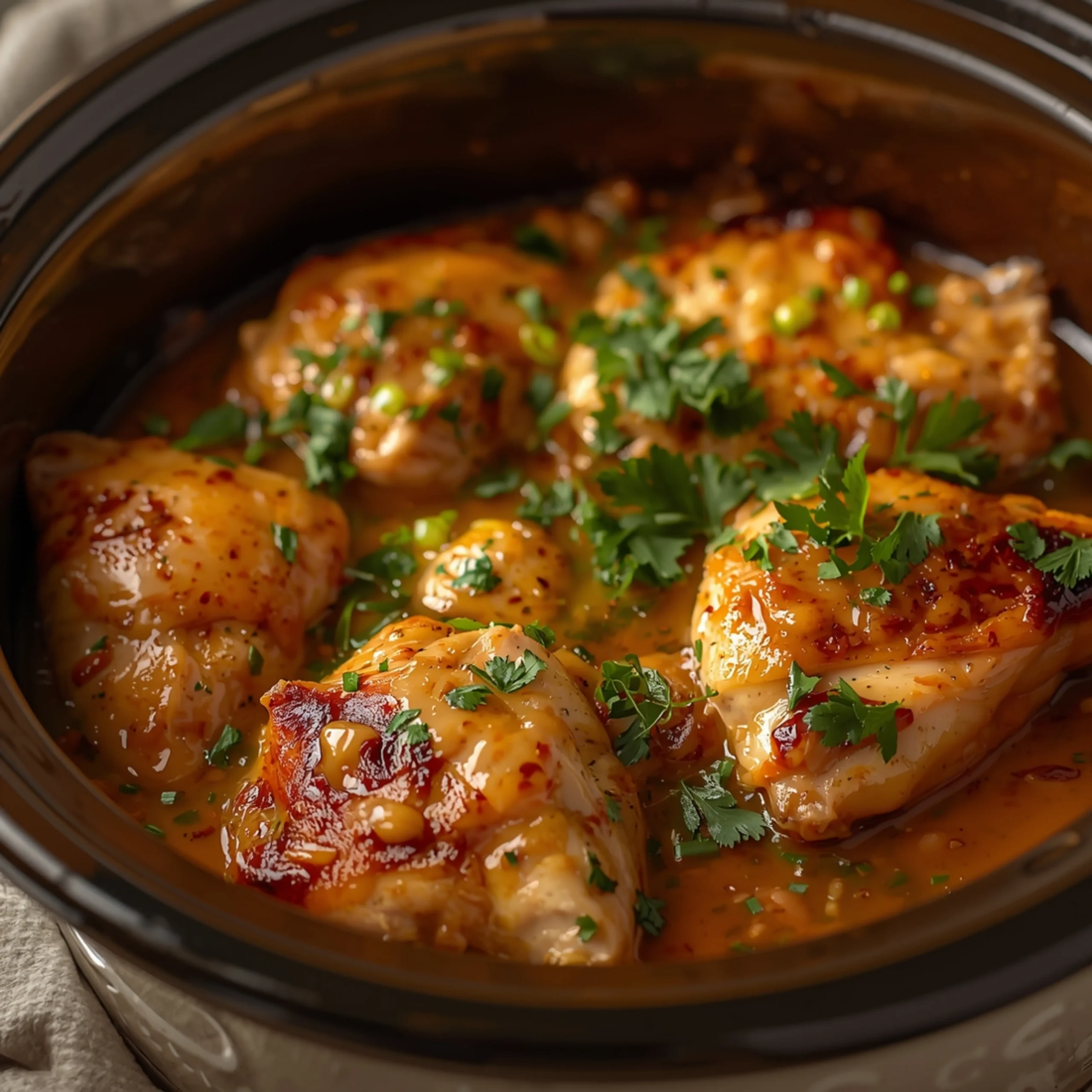 Close-up of Crockpot Garlic Butter Chicken Thighs cooked in a Crockpot with fresh herbs and glossy sauce