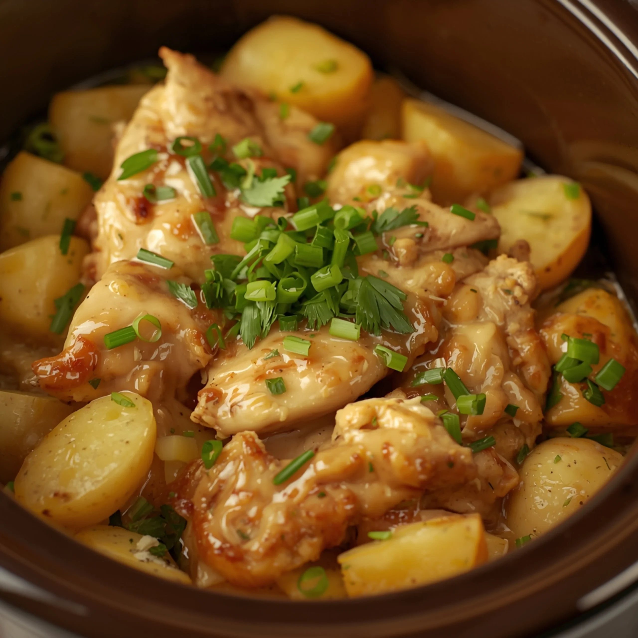 Close-up of Crockpot Garlic Parmesan Chicken And Potatoes cooked in a Crockpot with fresh herbs and glossy sauce