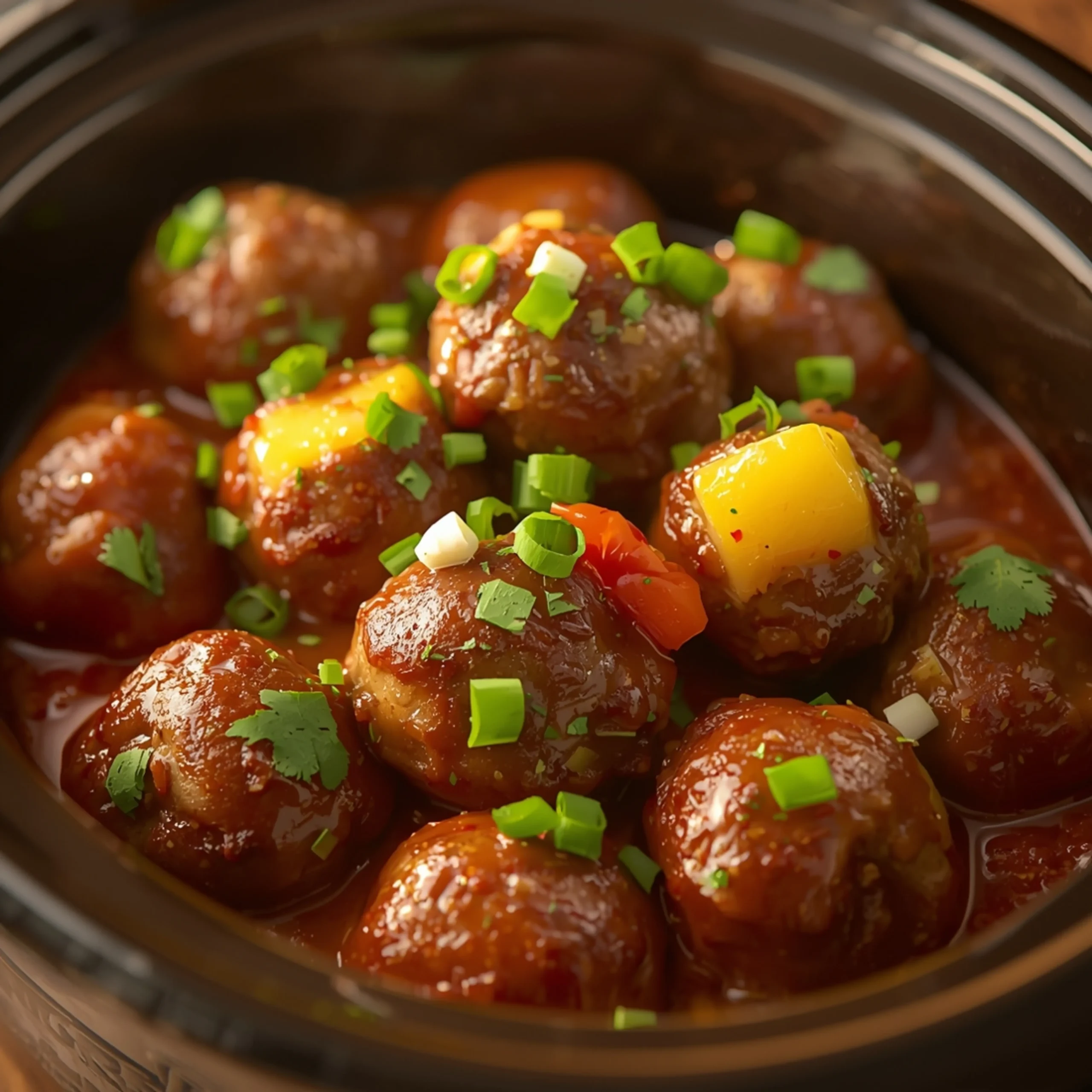 Close-up of Crockpot Hawaiian Meatballs cooked in a Crockpot with fresh herbs and glossy sauce