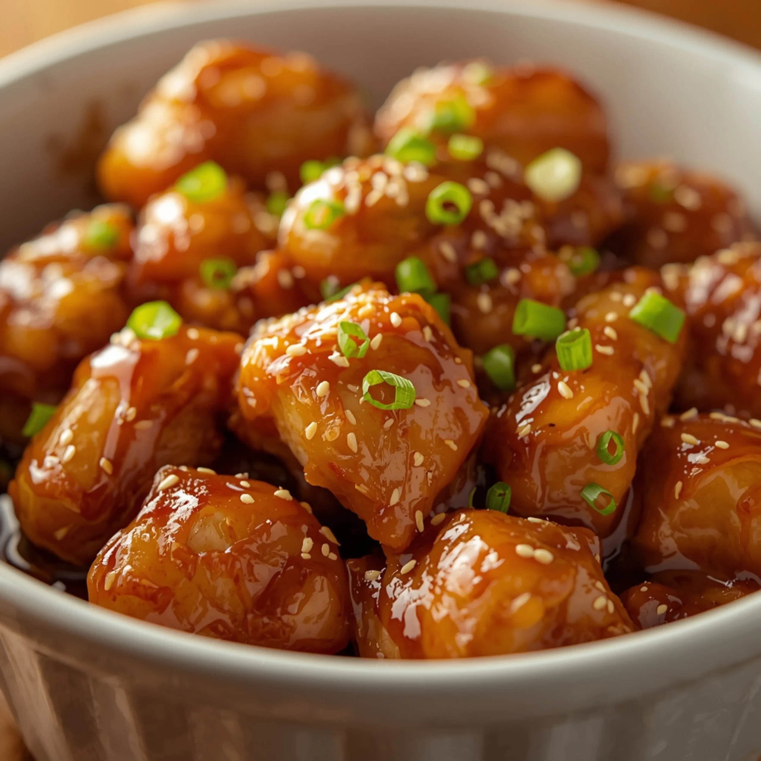 Close-up of Crockpot Honey Garlic Chicken cooked in a white ceramic dish with fresh green onion garnish and a luscious glossy sauce.