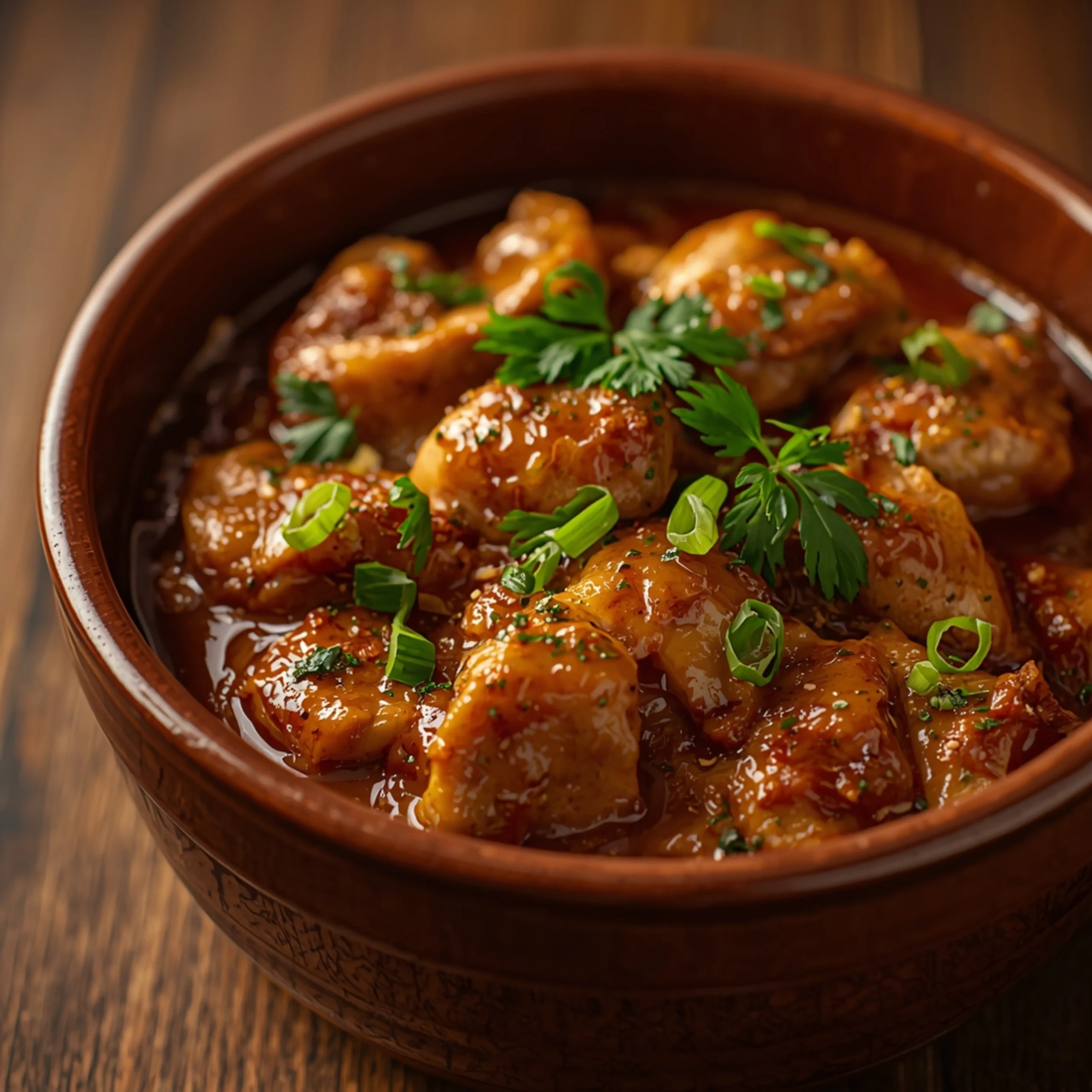 Close-up of Crockpot Honey Garlic Chicken, rich and saucy, garnished with fresh green herbs in a rustic bowl on a warm wooden table.