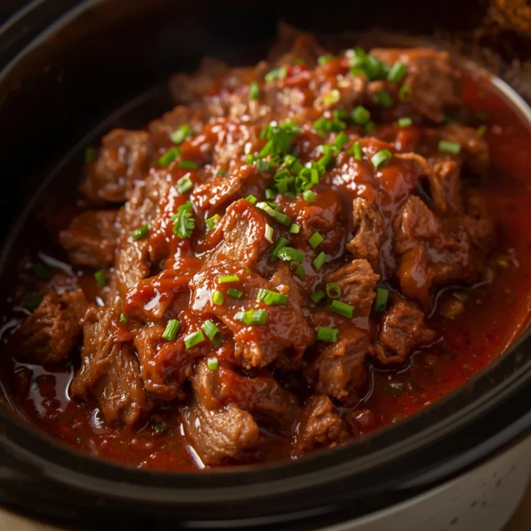 Close-up of Crockpot Italian Beef Sandwich Recipe cooked in a Crockpot with fresh herbs and glossy sauce