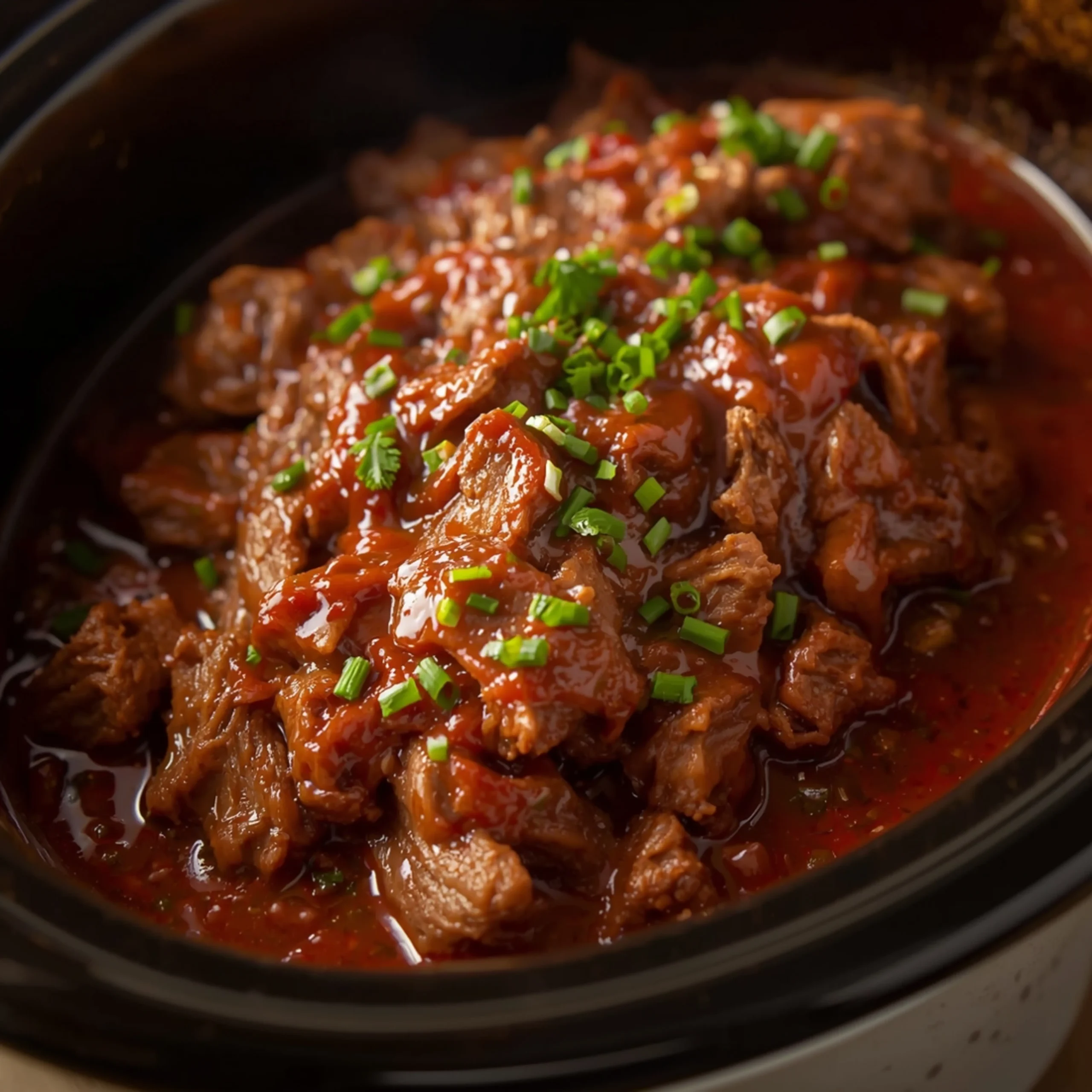 Close-up of Crockpot Italian Beef Sandwich Recipe cooked in a Crockpot with fresh herbs and glossy sauce