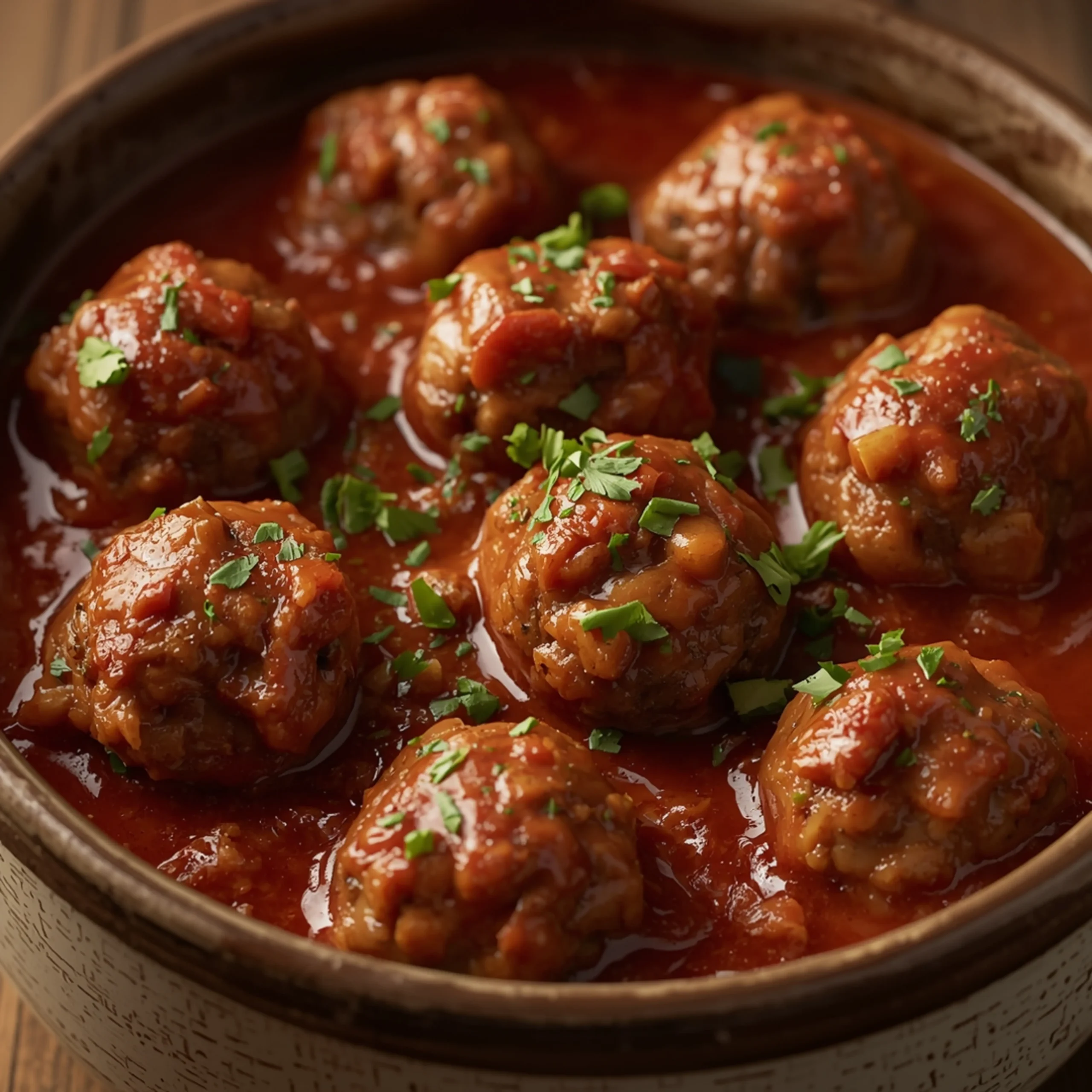 Close-up of tender Crockpot Italian Meatballs in a rich sauce, garnished with fresh parsley, served in a rustic ceramic bowl.