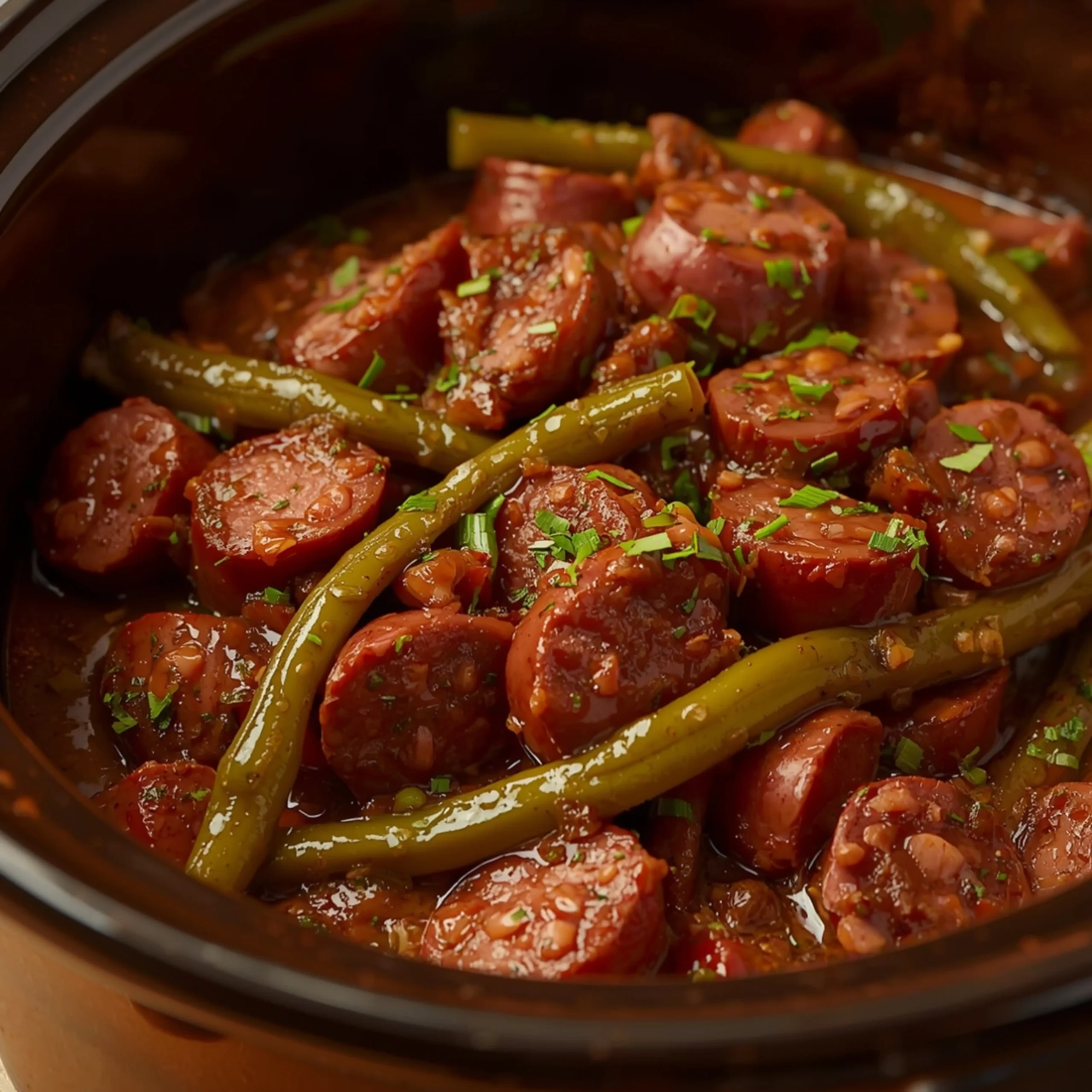 Close-up of Crockpot Kielbasa and Green Beans cooked in a crockpot, topped with fresh herbs and rich sauce
