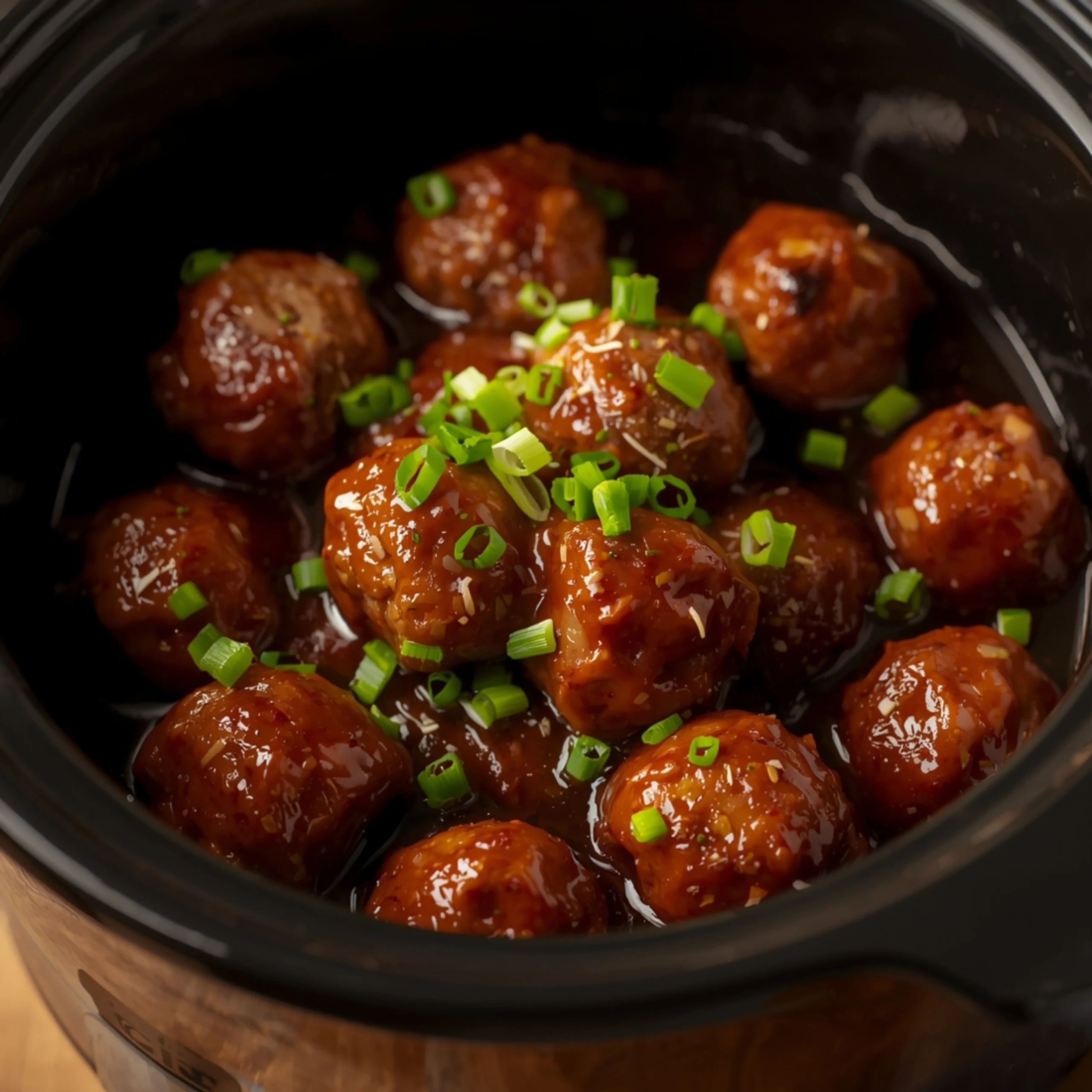 Close-up of Crockpot Korean Meatballs cooked in a Crockpot with fresh herbs and glossy sauce