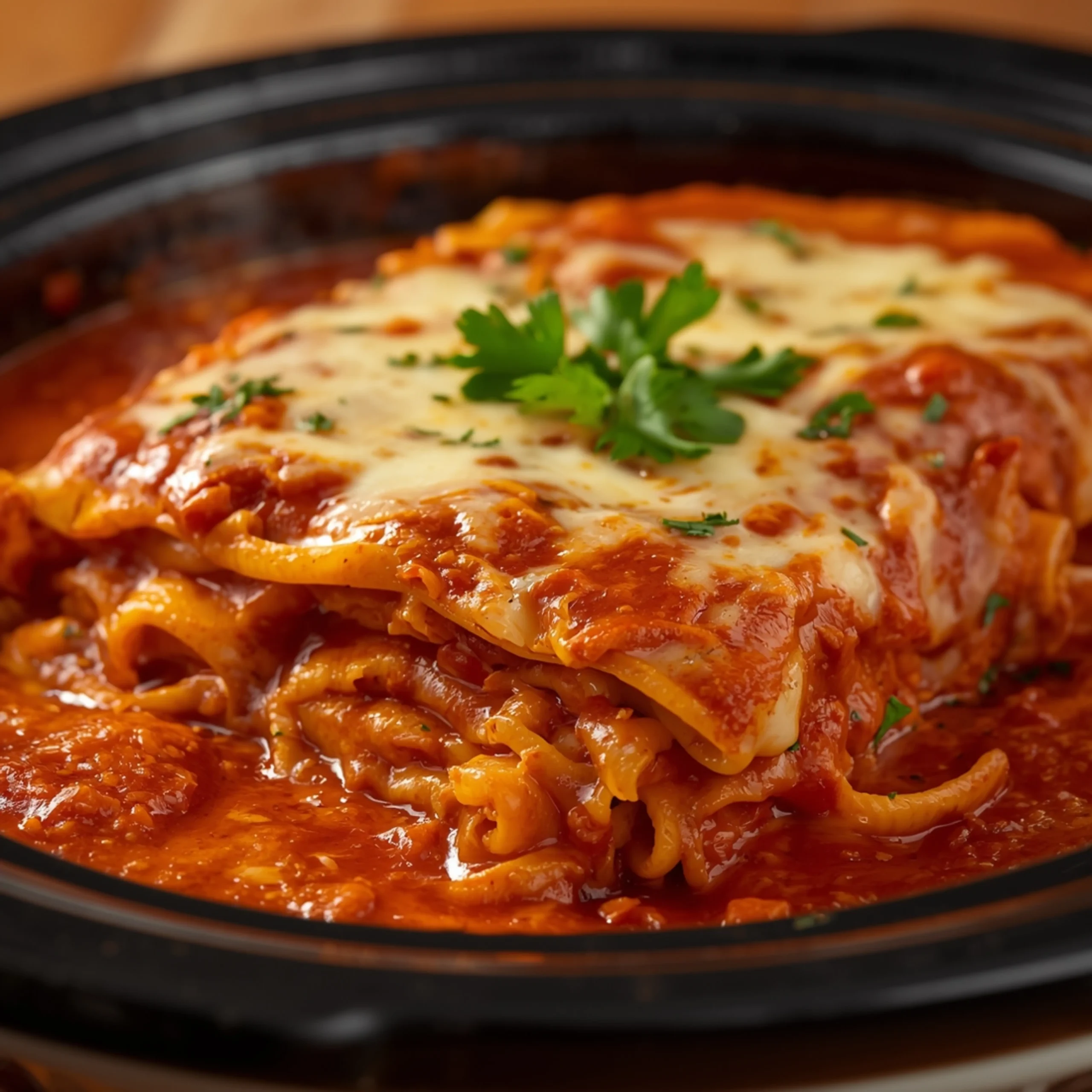 Close-up of Crockpot Lasagna cooked in a Crockpot with fresh herbs and glossy sauce