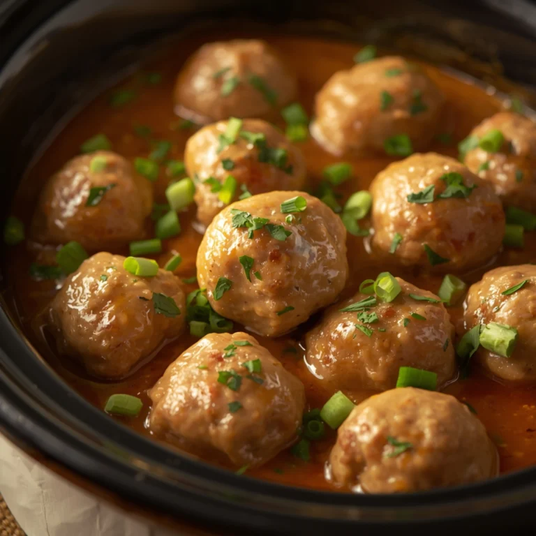 Close-up of Crockpot Marry Me Chicken Meatballs cooked in a Crockpot with fresh herbs and glossy sauce