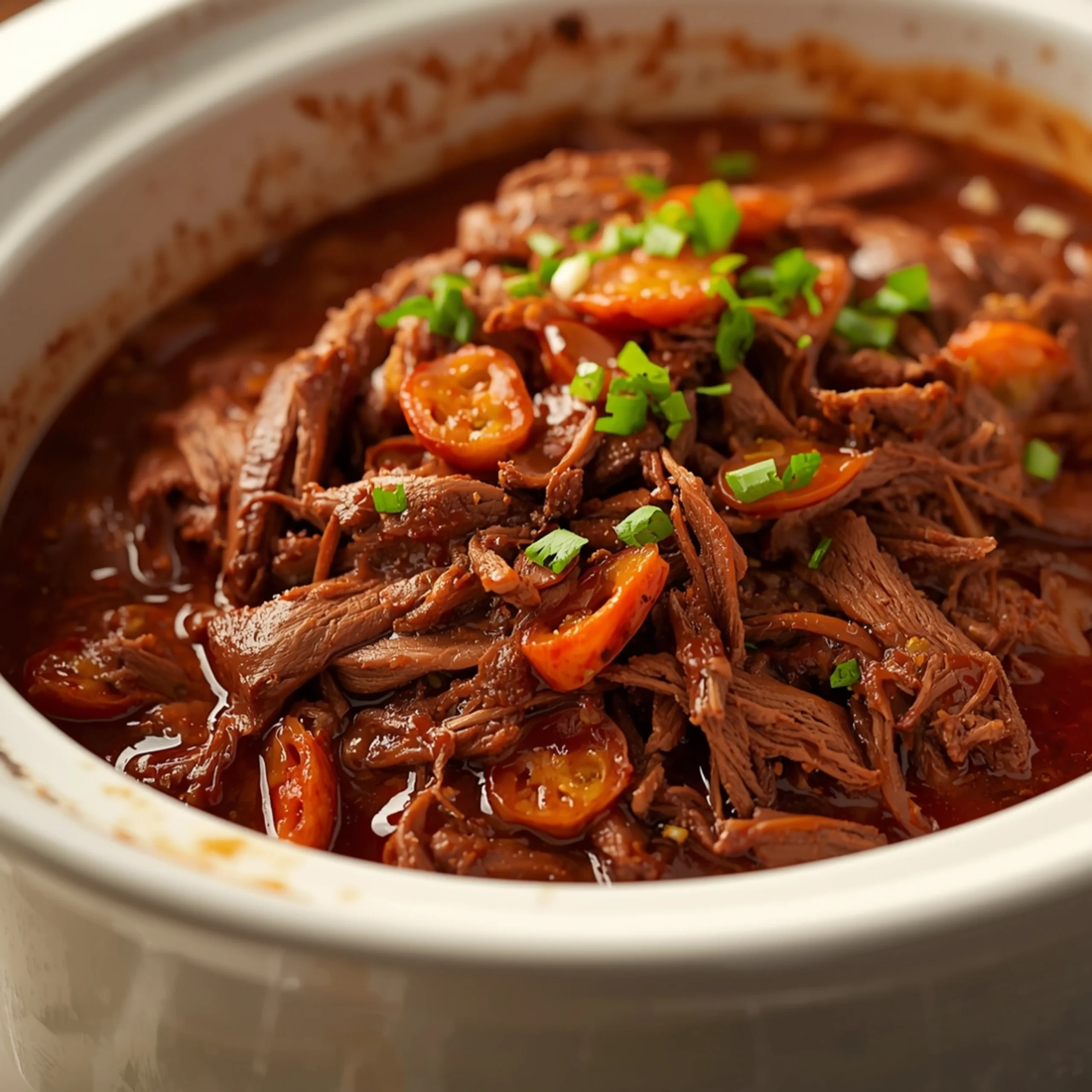 Close-up of Crockpot Mississippi Pot Roast cooked in a Crockpot with fresh herbs and glossy sauce
