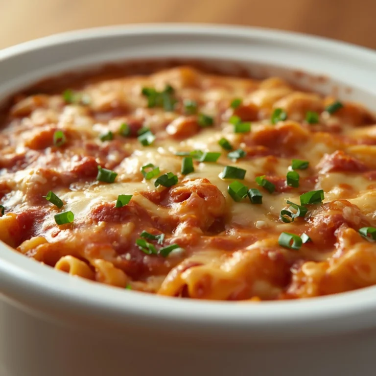Close-up of Crockpot Pizza Casserole cooked in a Crockpot with fresh herbs and glossy sauce