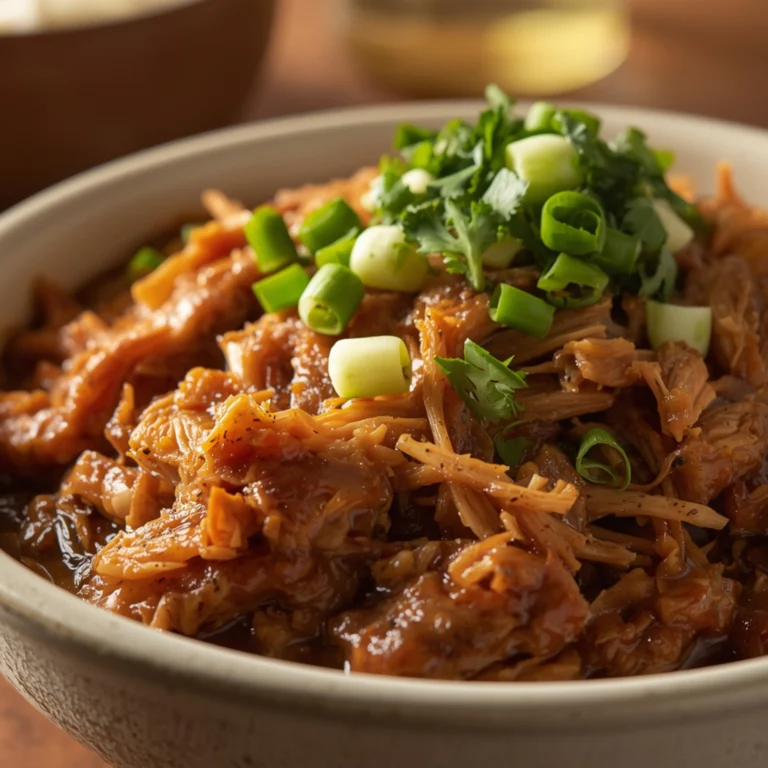 Close-up of Crockpot Pulled Pork cooked in a Crockpot with fresh herbs and glossy sauce