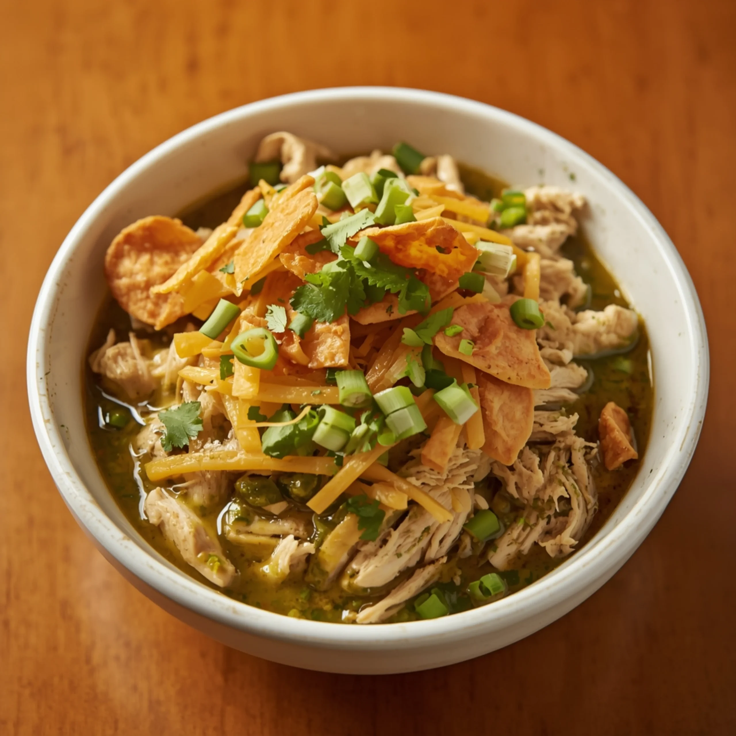 Close-up of Crockpot Salsa Verde Chicken Tortilla Bowl cooked in a Crockpot with fresh herbs and glossy sauce