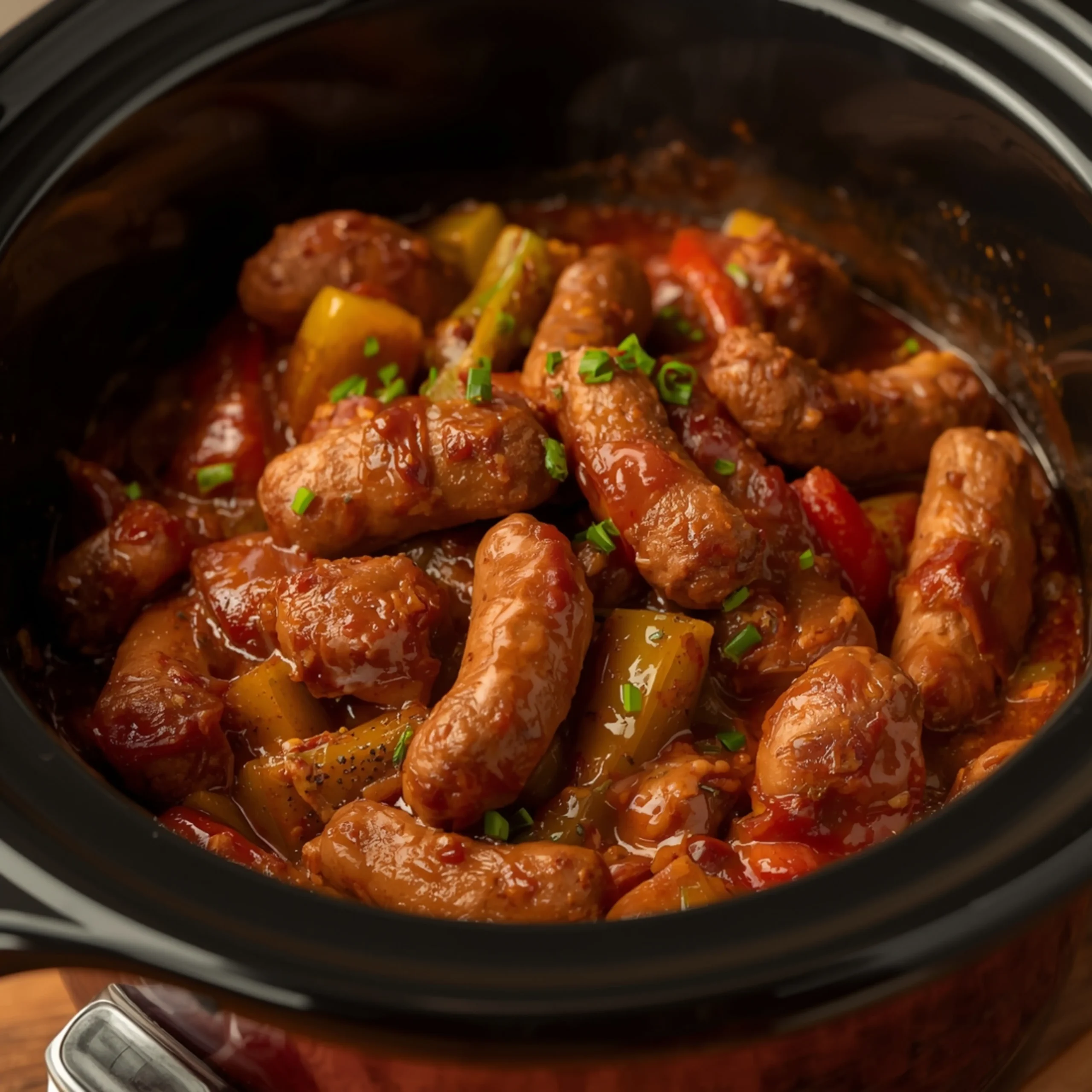 Close-up of Crockpot Sausage & Peppers, rich and tender, garnished with fresh green herbs in a rustic bowl on a wooden table.