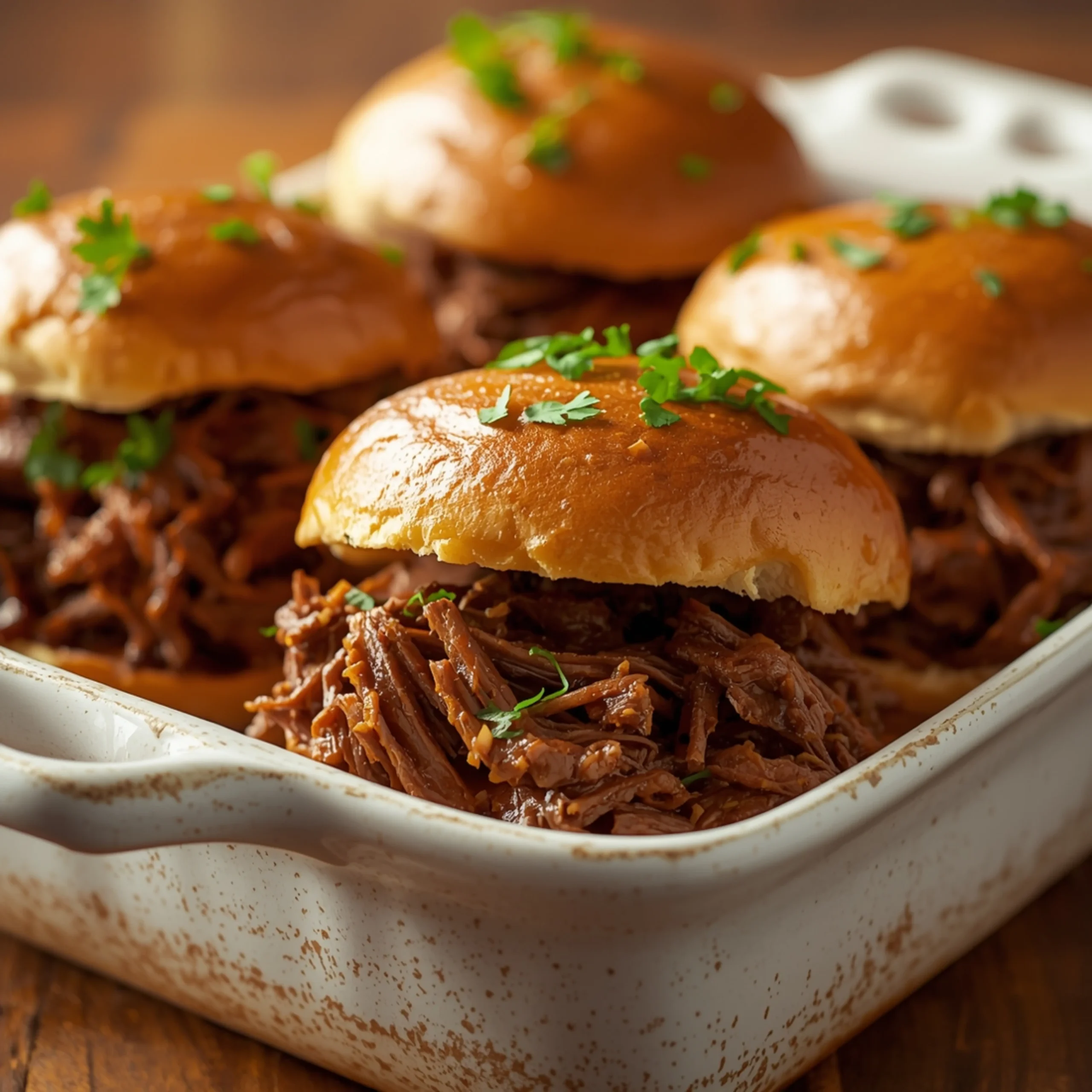 Close-up of Crockpot Shredded Beef Sandwiches cooked in a Crockpot with fresh herbs and glossy sauce