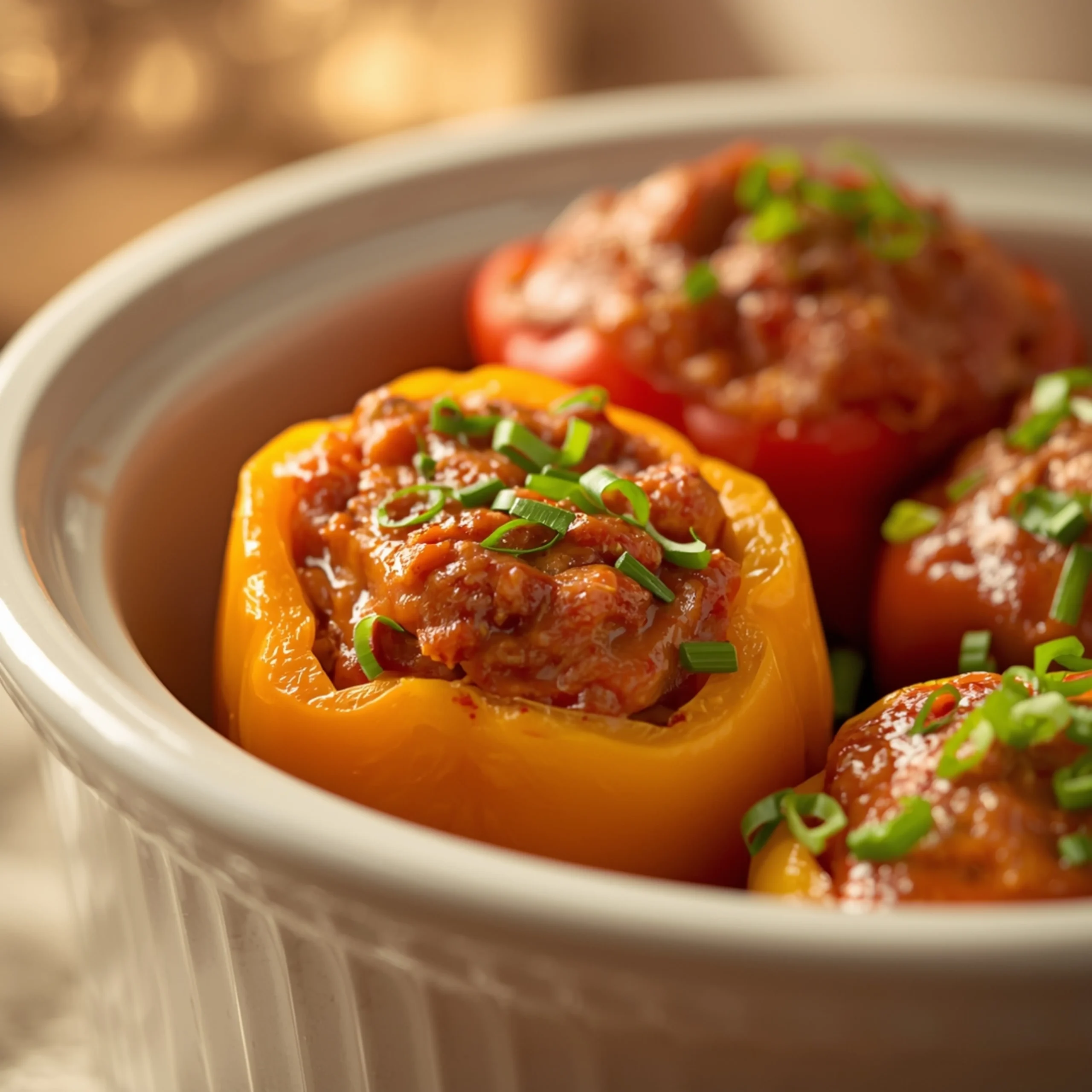 Close-up of Crockpot Stuffed Peppers cooked in a Crockpot with fresh herbs and glossy sauce