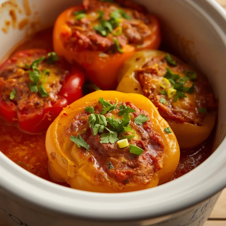 Close-up of Crockpot Stuffed Peppers cooked in a Crockpot with fresh herbs and glossy sauce