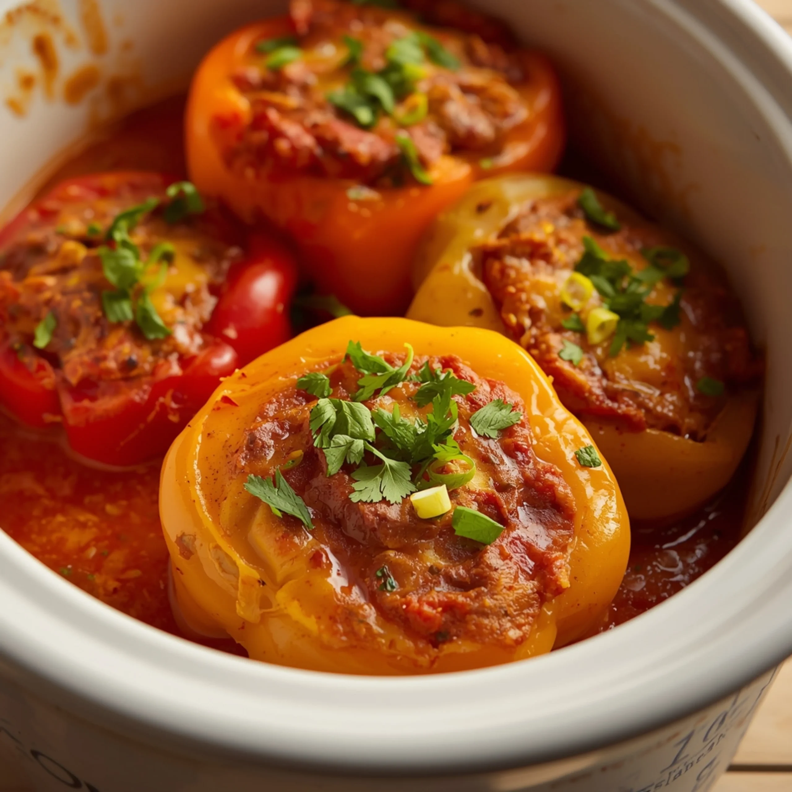 Close-up of Crockpot Stuffed Peppers cooked in a Crockpot with fresh herbs and glossy sauce