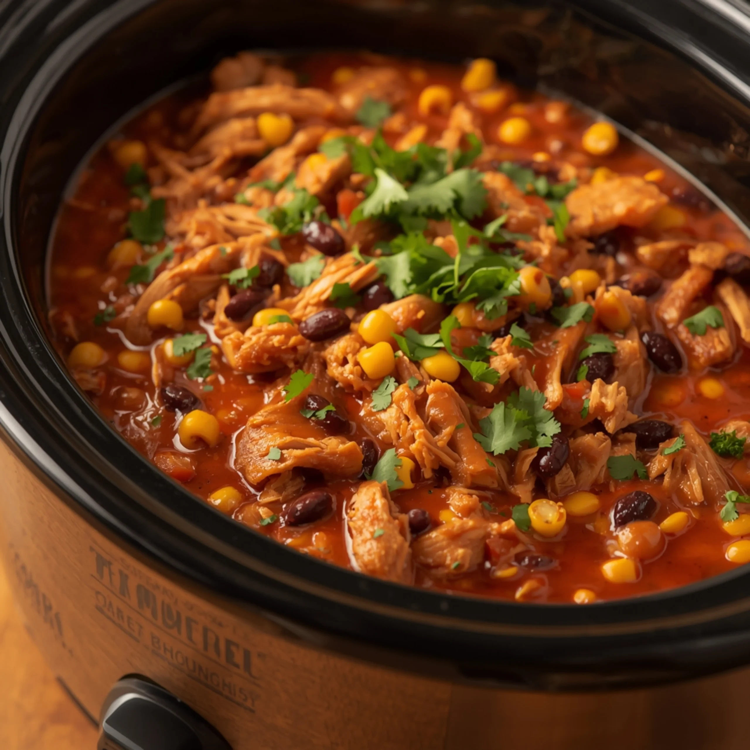 Close-up of Crockpot Tex Mex Chicken cooked in a Crockpot with fresh cilantro and glossy sauce