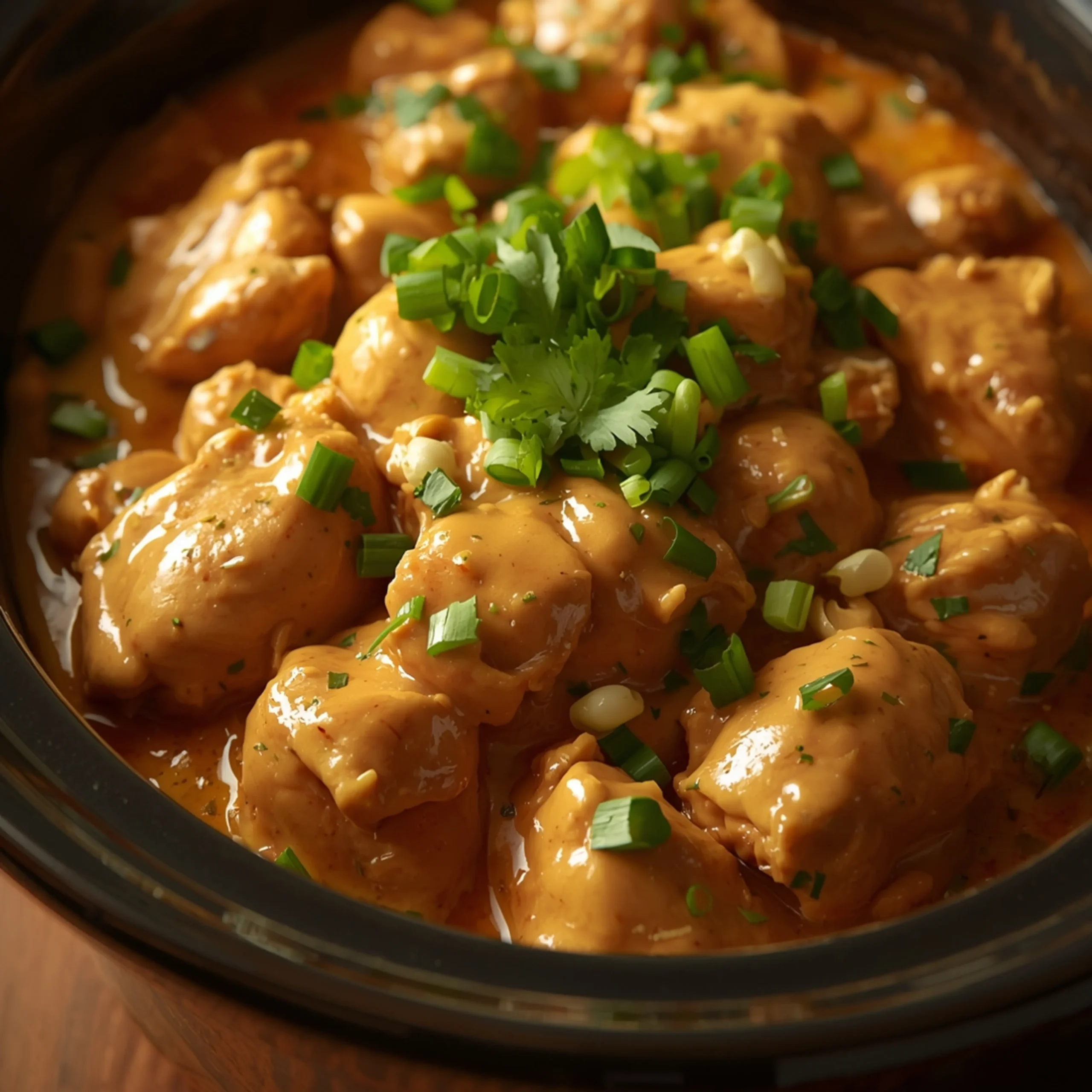 Close-up of Crockpot Thai Peanut Chicken cooked in a Crockpot with fresh herbs and glossy sauce