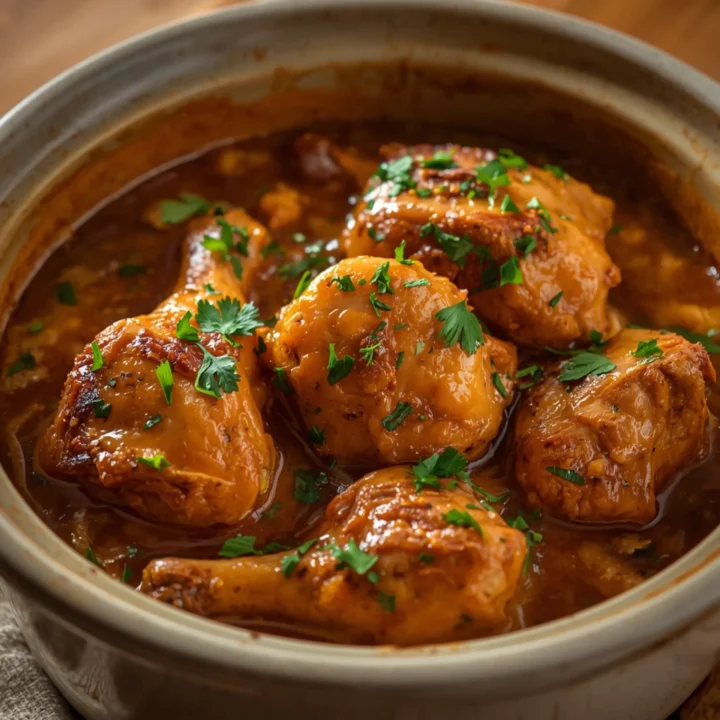 Close-up of Delicious Angel Chicken Recipe cooked in a Crockpot with fresh herbs and glossy sauce