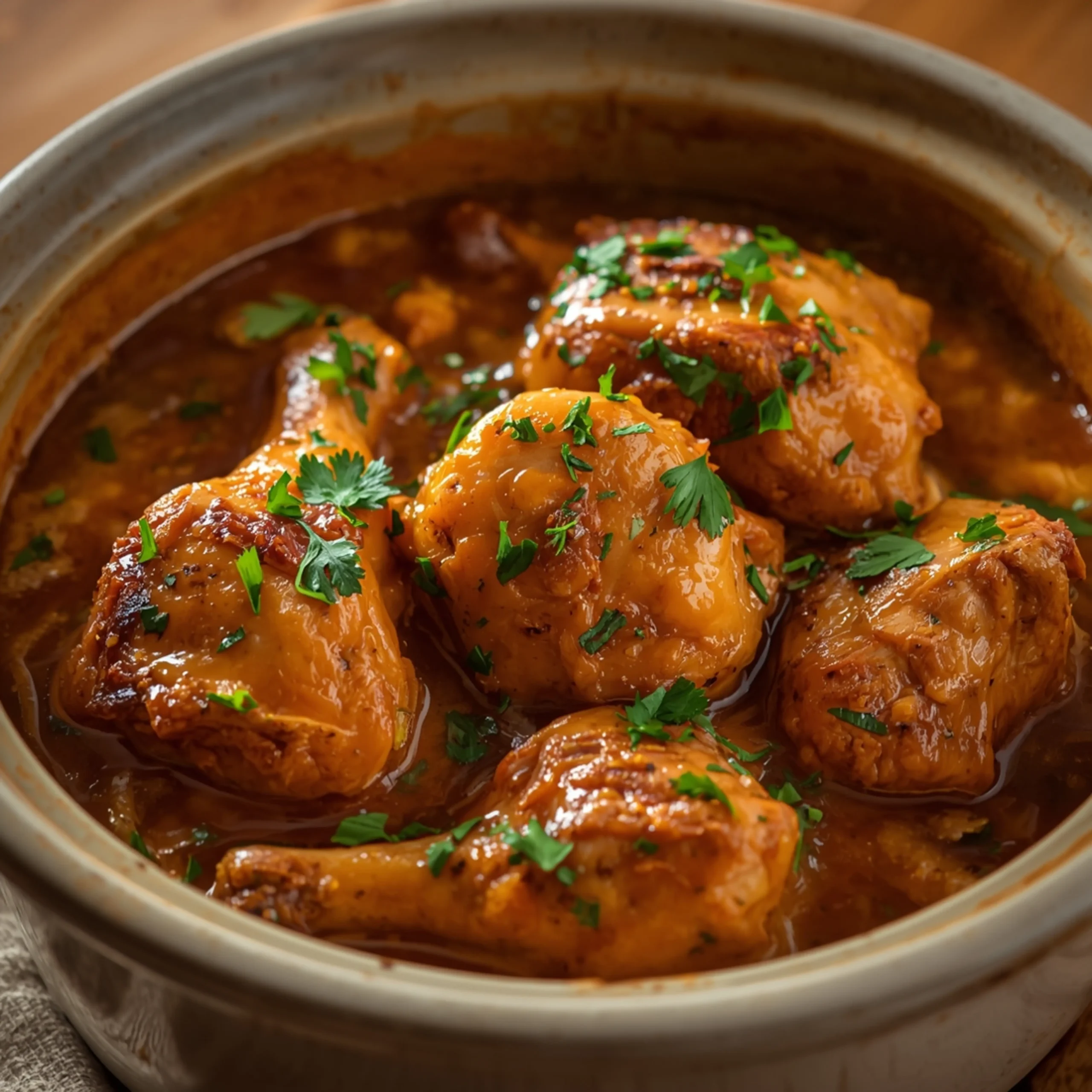 Close-up of Delicious Angel Chicken Recipe cooked in a Crockpot with fresh herbs and glossy sauce