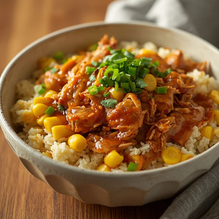 Close-up of Delicious Street Corn Chicken Rice Bowl Crockpot recipe with fresh herbs and glossy sauce