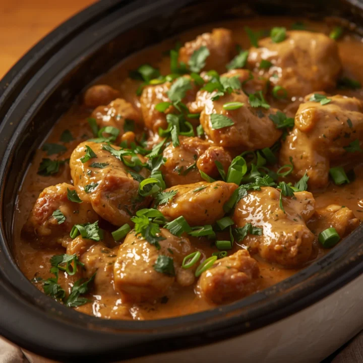 Close-up of Dump & Go MARRY ME CHICKEN cooked in a Crockpot with fresh herbs and glossy sauce