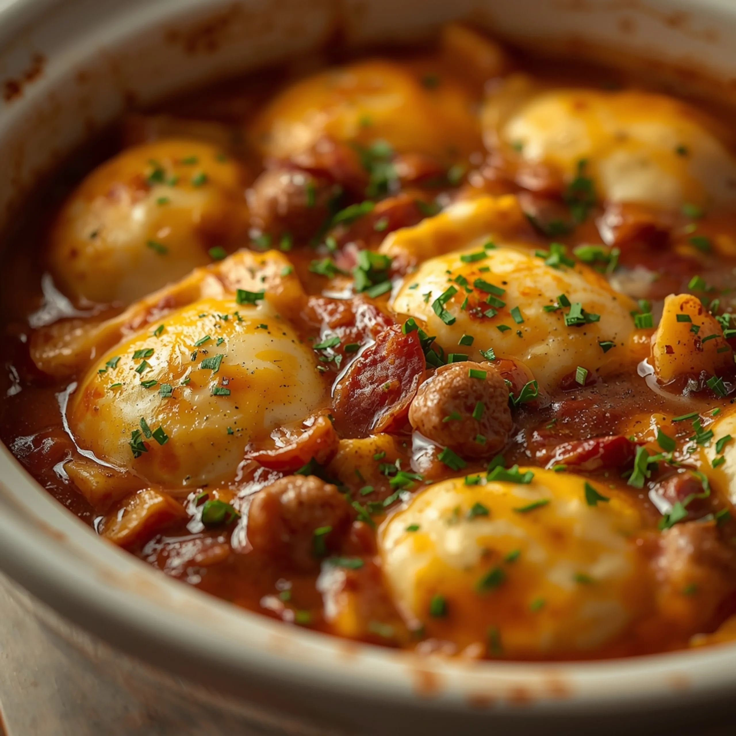 Close-up of Easy Crock Pot Pierogi Casserole Recipe cooked in a Crockpot with fresh herbs and glossy sauce