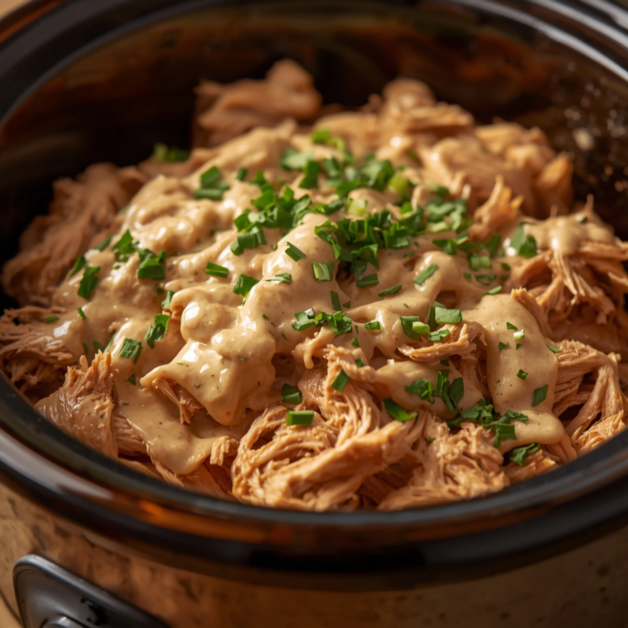 Close-up of Easy Crock Pot Ranch Chicken Sandwiches Recipe cooked in a Crockpot with fresh herbs and glossy sauce
