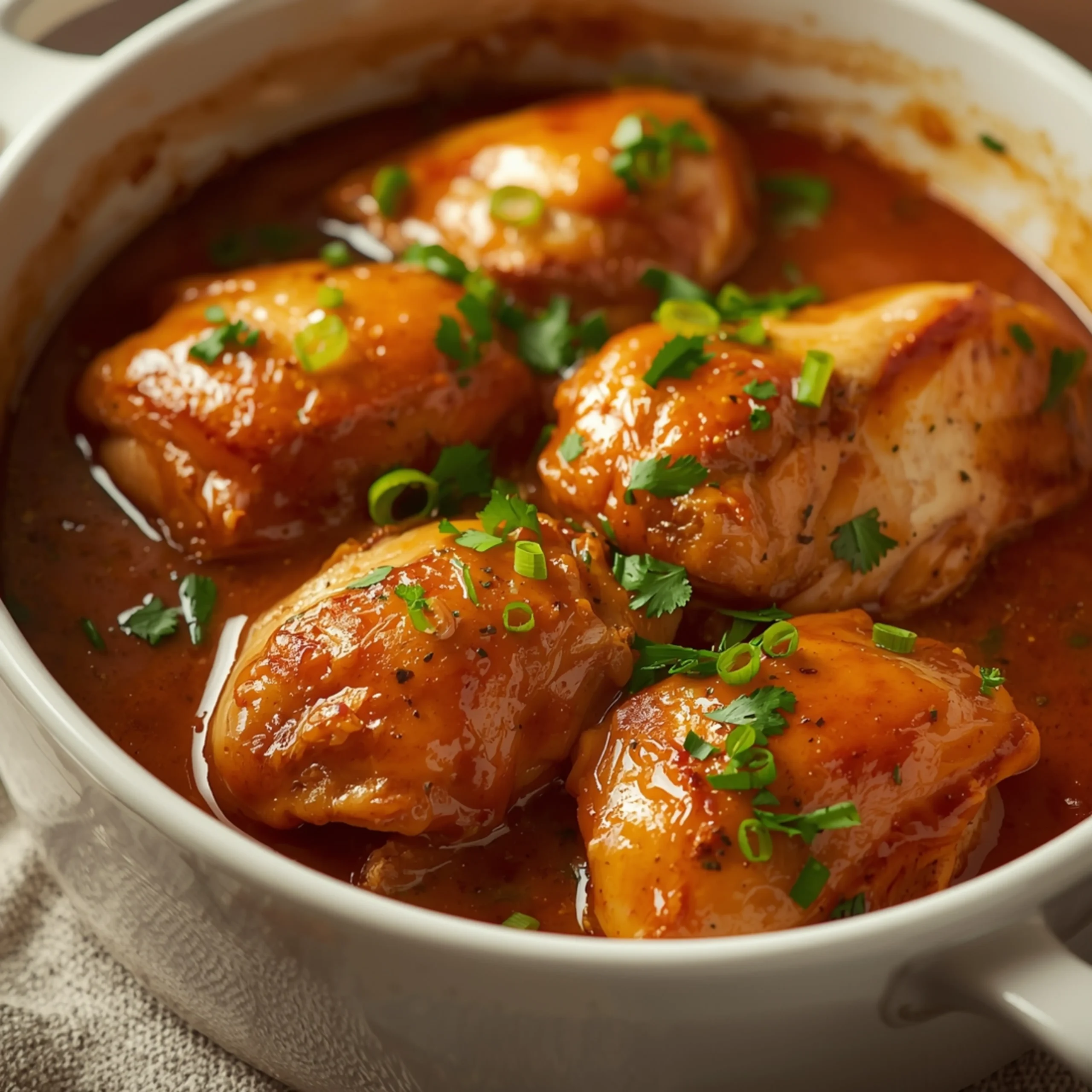 Close-up of Easy Honey Garlic Slow Cooker Chicken Thighs cooked in a Crockpot with fresh herbs and glossy sauce