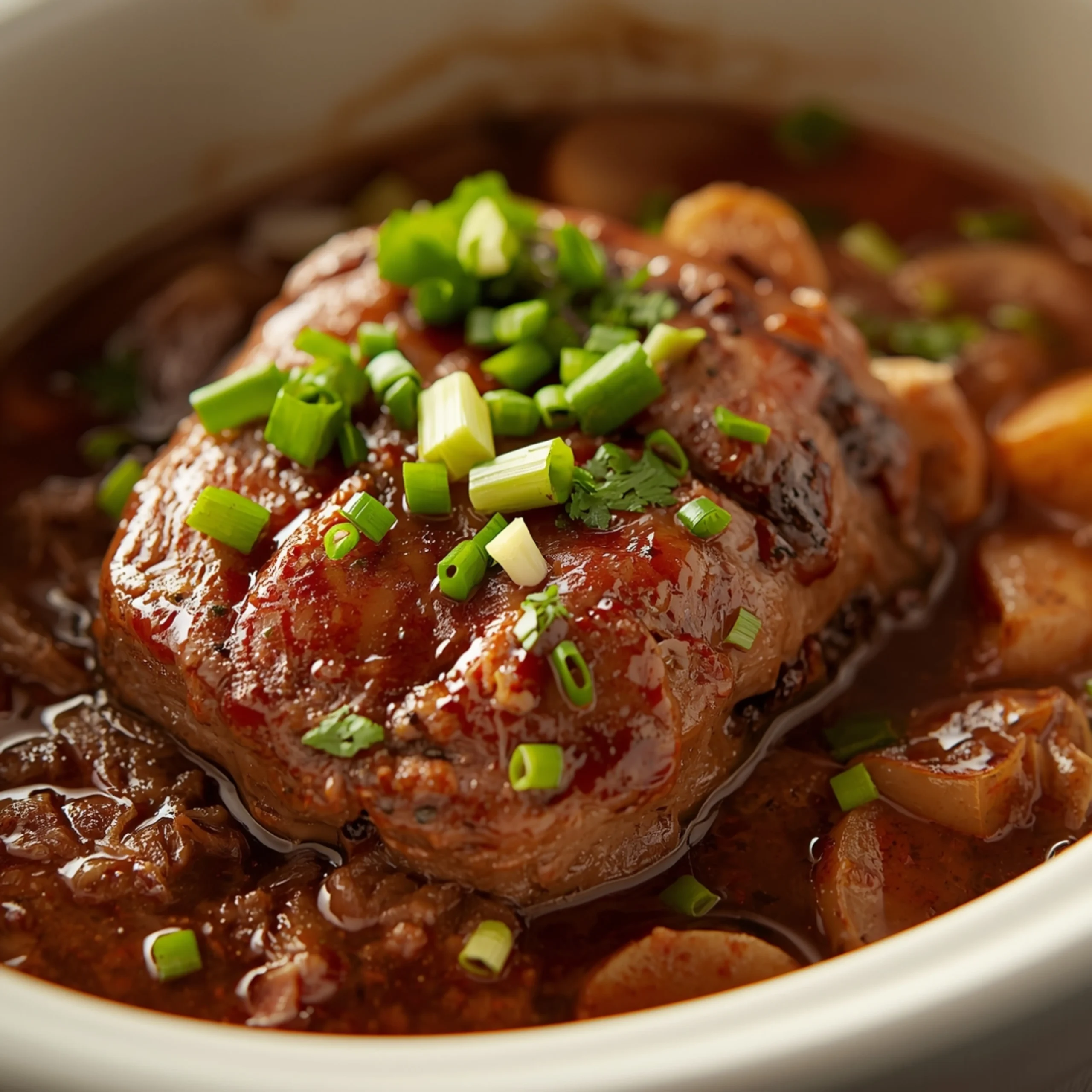 Close-up of FRENCH ONION CHUCK ROAST cooked in a Crockpot with fresh herbs and glossy sauce
