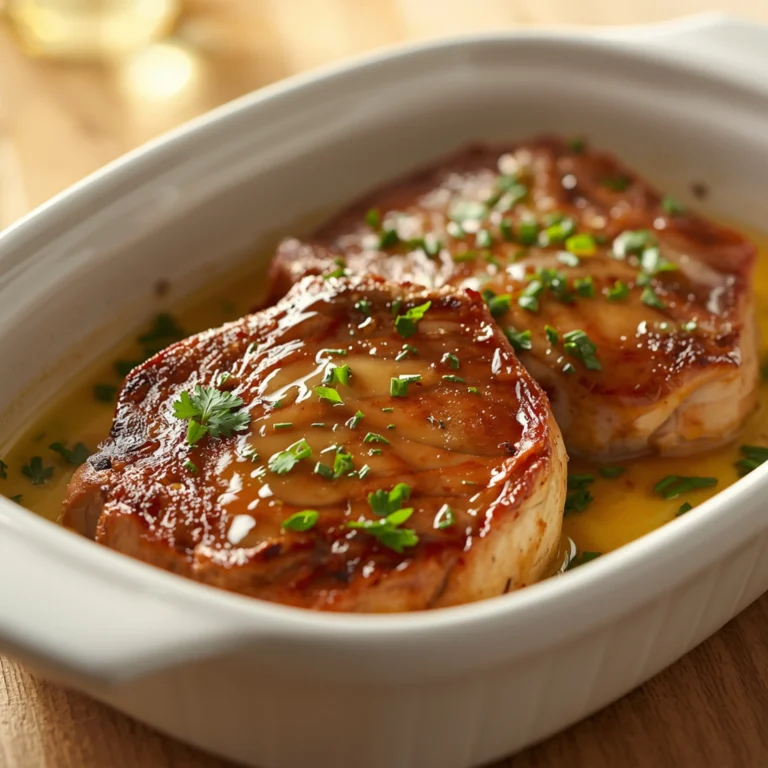 Close-up of Garlic Butter Pan Seared Pork Chops with fresh herbs and glossy sauce