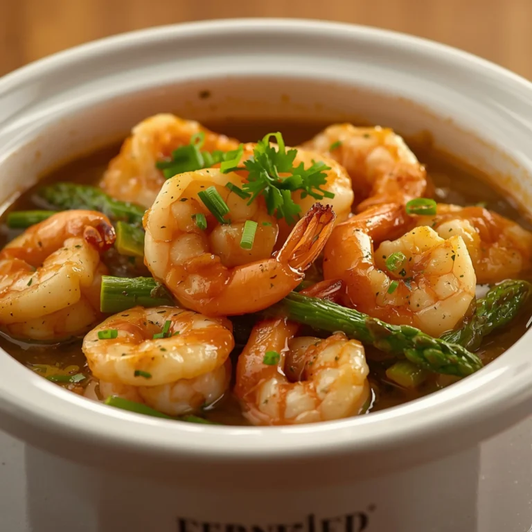 Close-up of Garlic Butter Shrimp with Asparagus cooked in a Crockpot with fresh herbs and glossy sauce