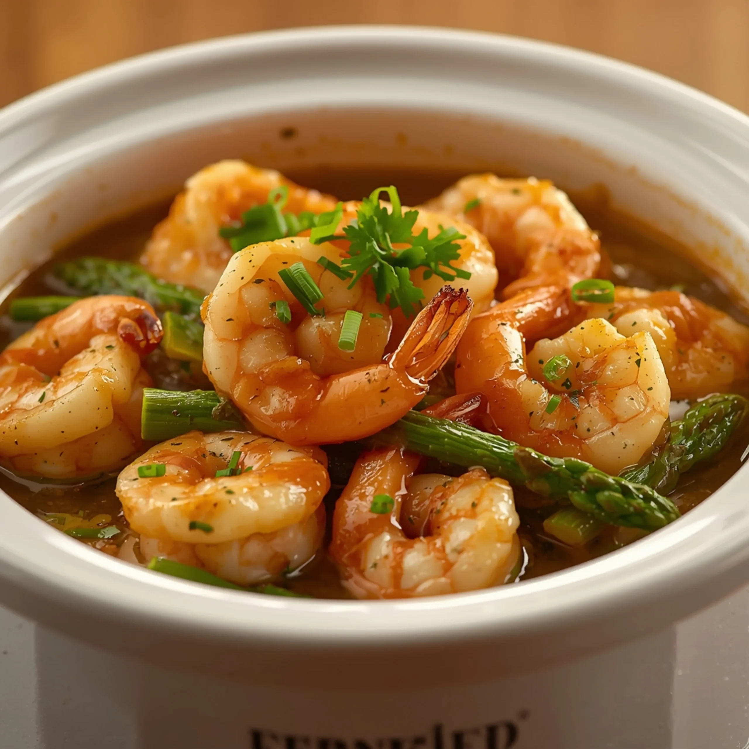 Close-up of Garlic Butter Shrimp with Asparagus cooked in a Crockpot with fresh herbs and glossy sauce