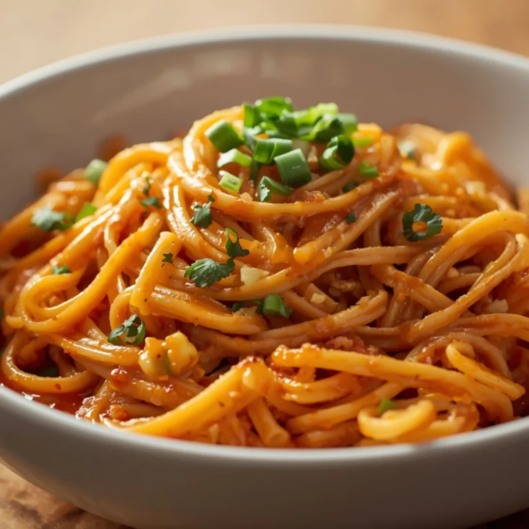 Close-up of Gochujang Vodka Pasta with fresh herbs and glossy sauce