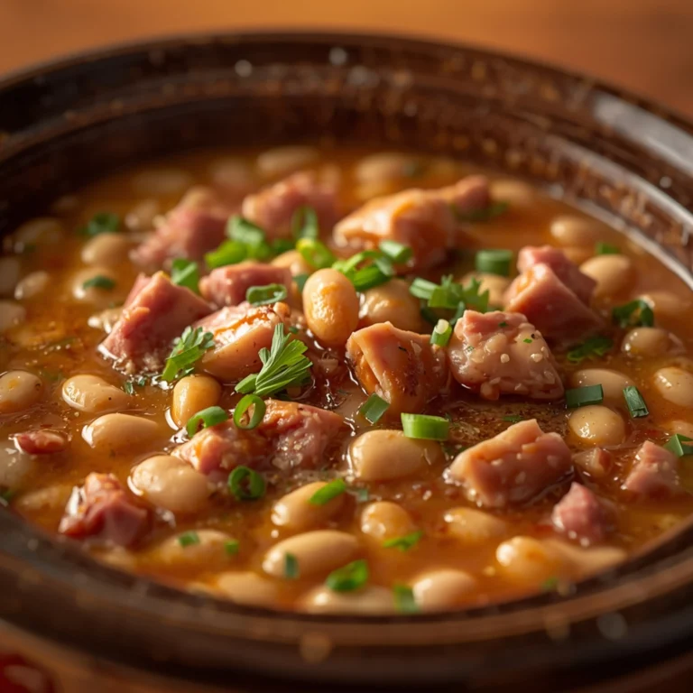 Close-up of Ham and Bean Soup cooked in a Crockpot with fresh herbs and glossy sauce