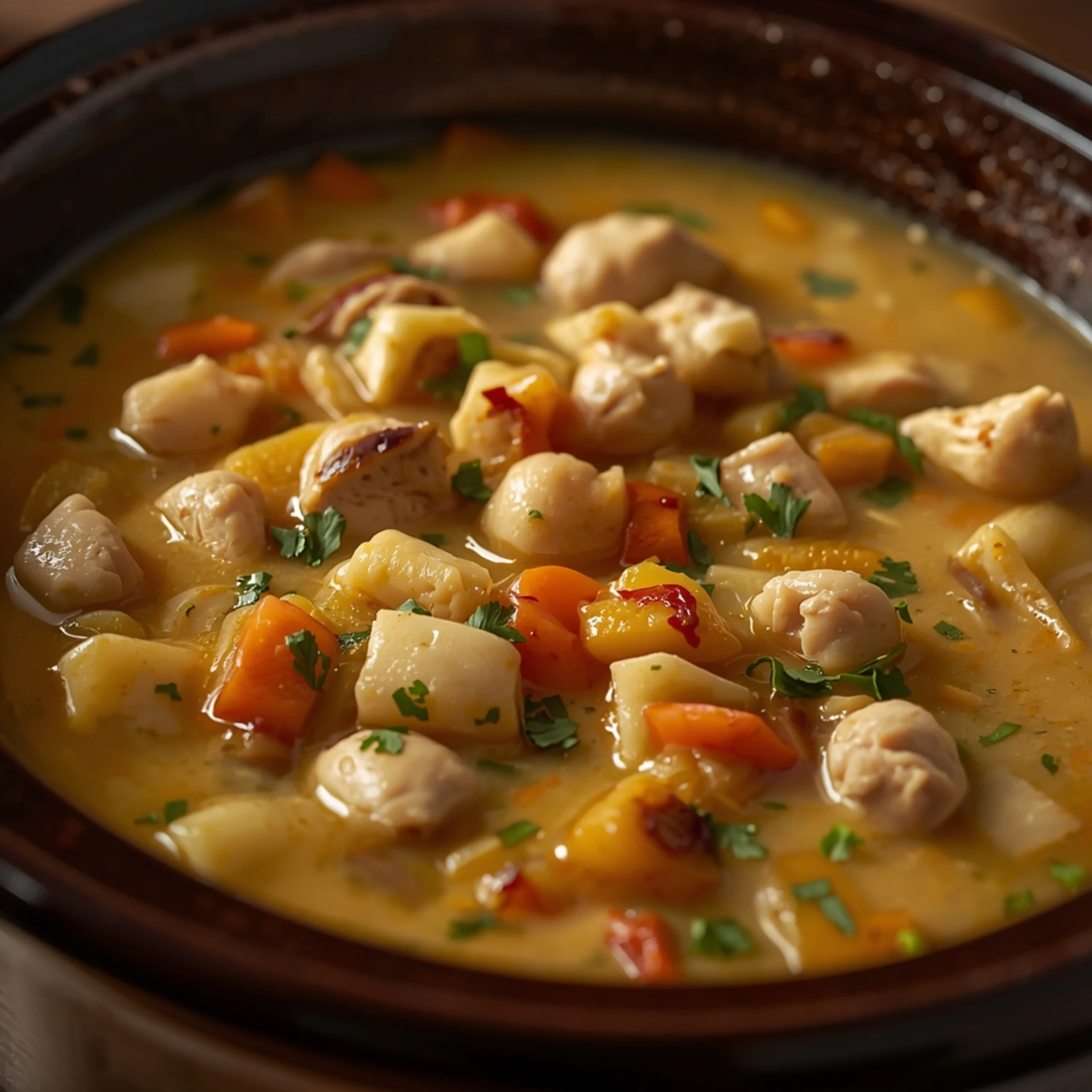 Close-up of Healthy Chicken Pot Pie Soup cooked in a Crockpot with fresh herbs and glossy sauce