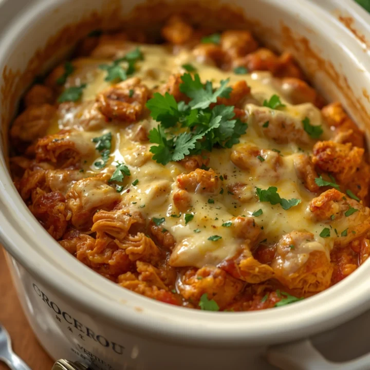 Close-up of Healthy Salsa Verde Chicken Casserole cooked in a Crockpot with fresh herbs and glossy sauce