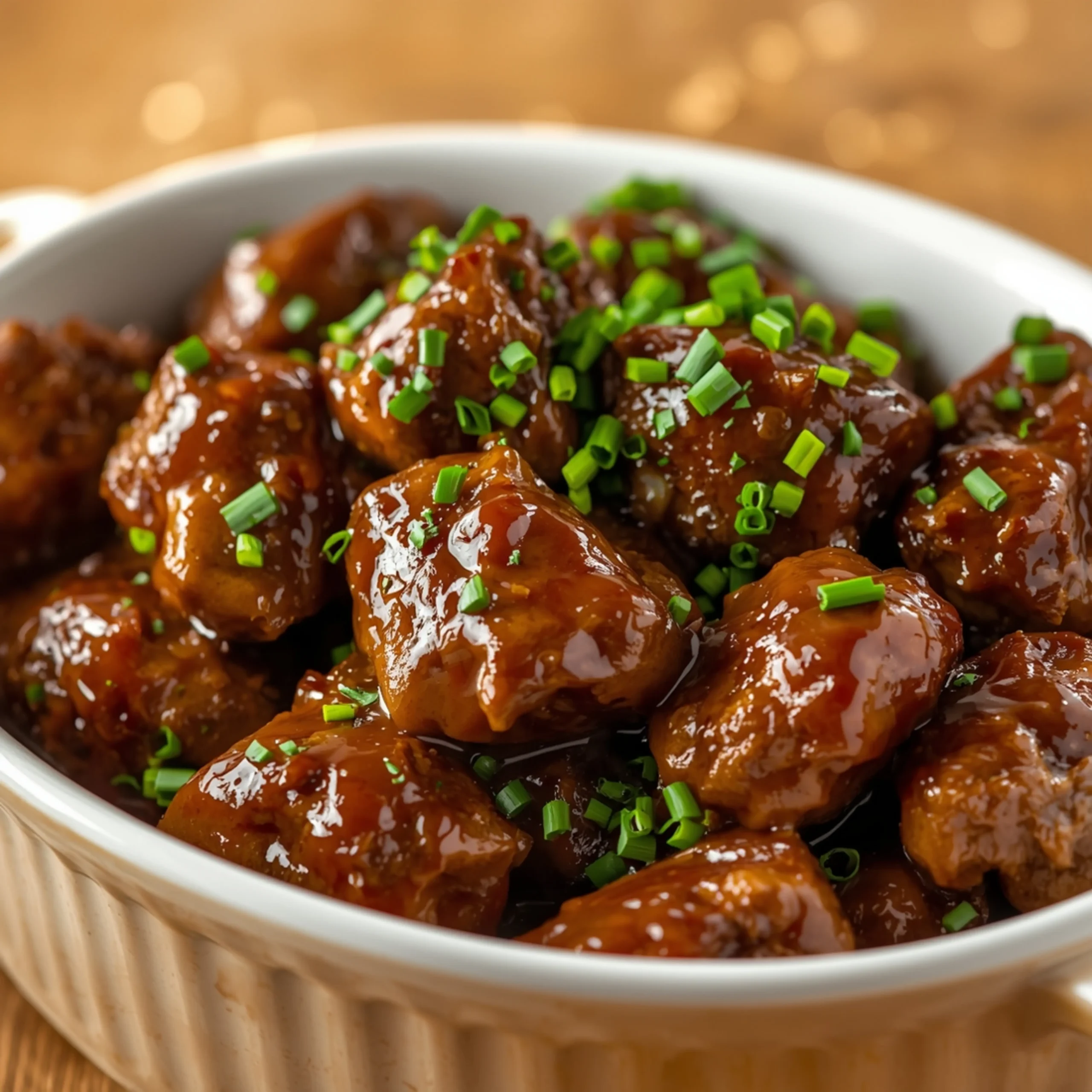Close-up of High Protein Slow Cooker Garlic Butter Beef Bites cooked in a Crockpot with fresh herbs and glossy sauce