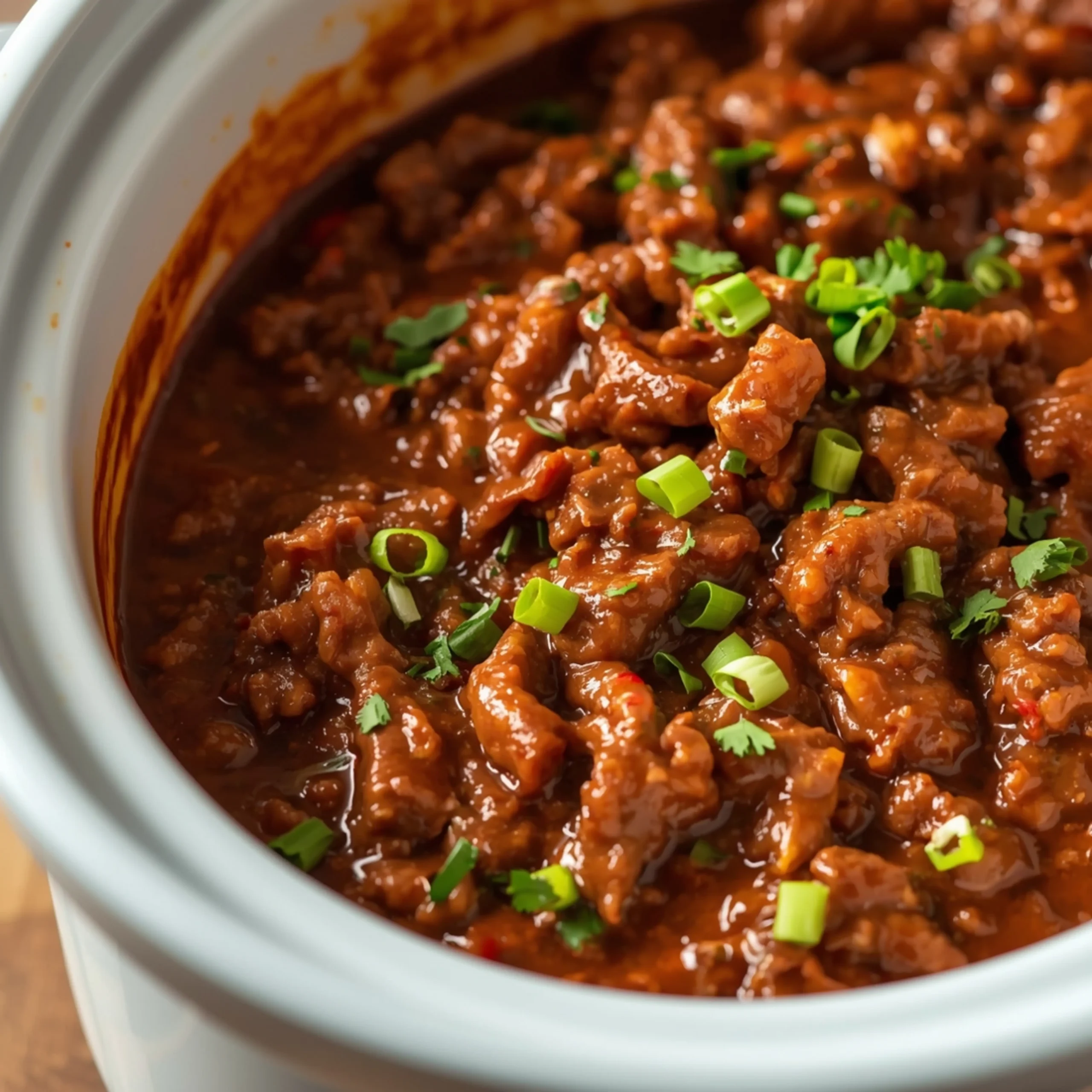 Close-up of High-Protein Slow Cooker Sloppy Joes cooked in a Crockpot with fresh herbs and glossy sauce