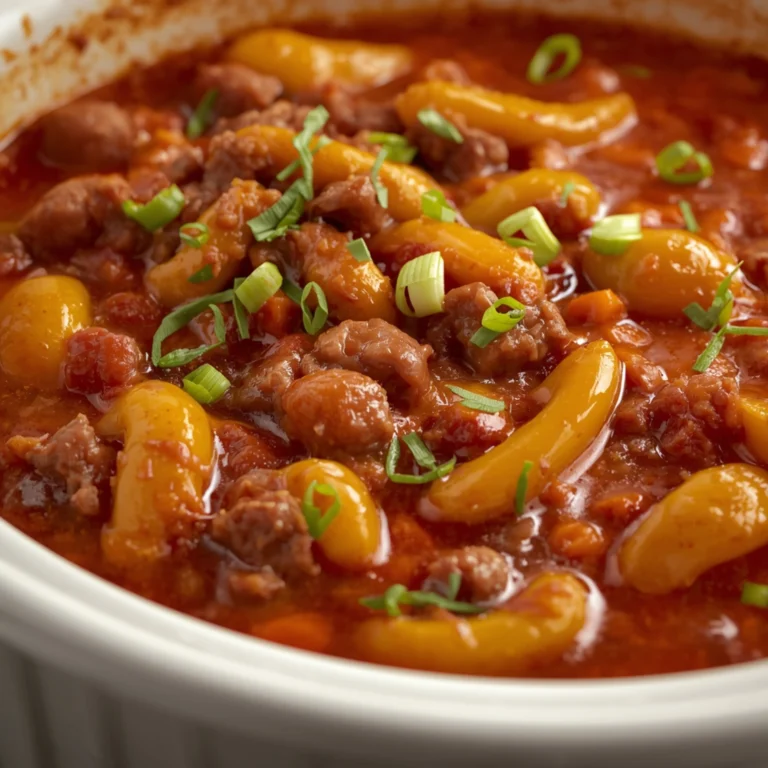 Close-up of High Protein Stuffed Pepper Soup cooked in a Crockpot with fresh herbs and glossy sauce
