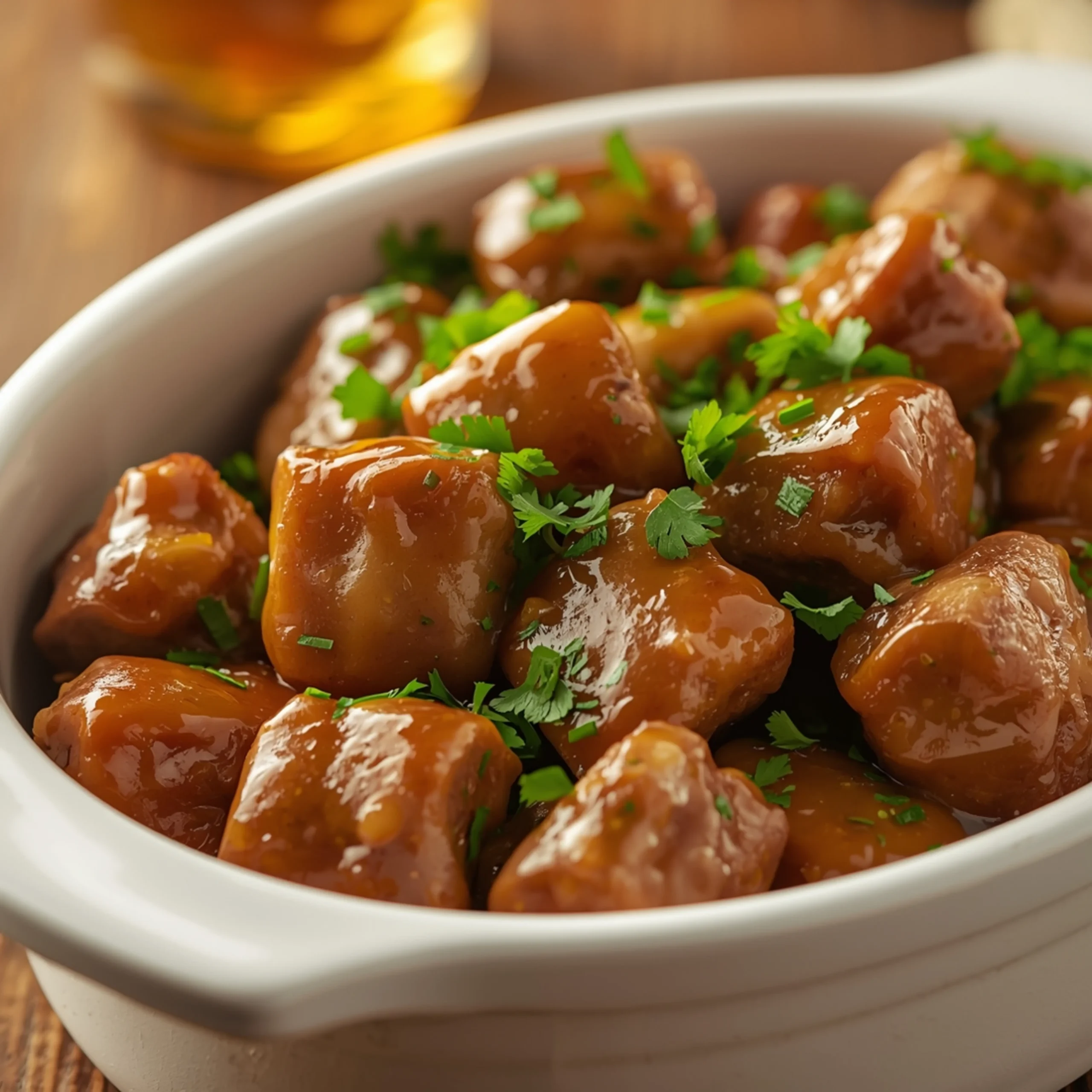 Close-up of Honey Butter Garlic Steak Bites with fresh herbs and glossy sauce